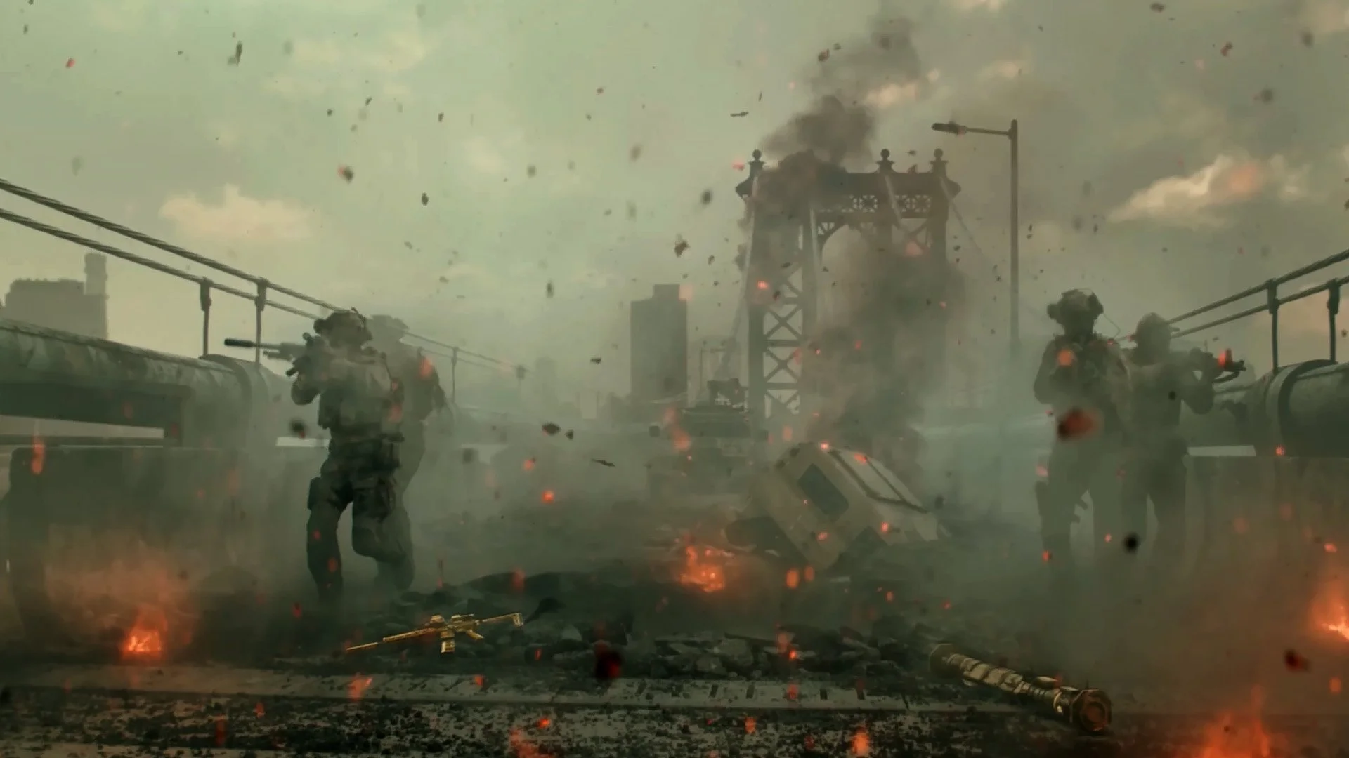Military soldiers walking on a damaged bridge amidst smoke, fire, and debris from destruction.
