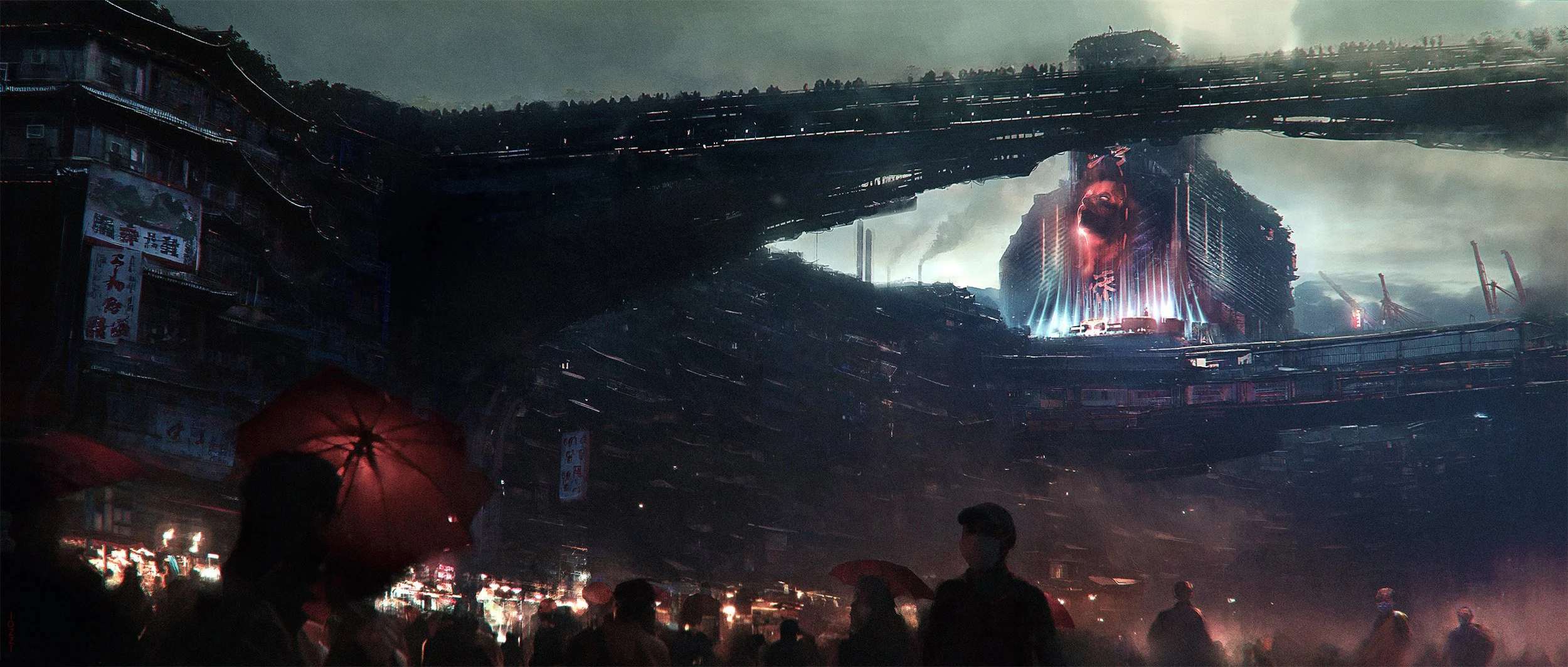 Futuristic cityscape with dark, multi-leveled buildings and a glowing neon face on a large central structure, people with umbrellas in the foreground.