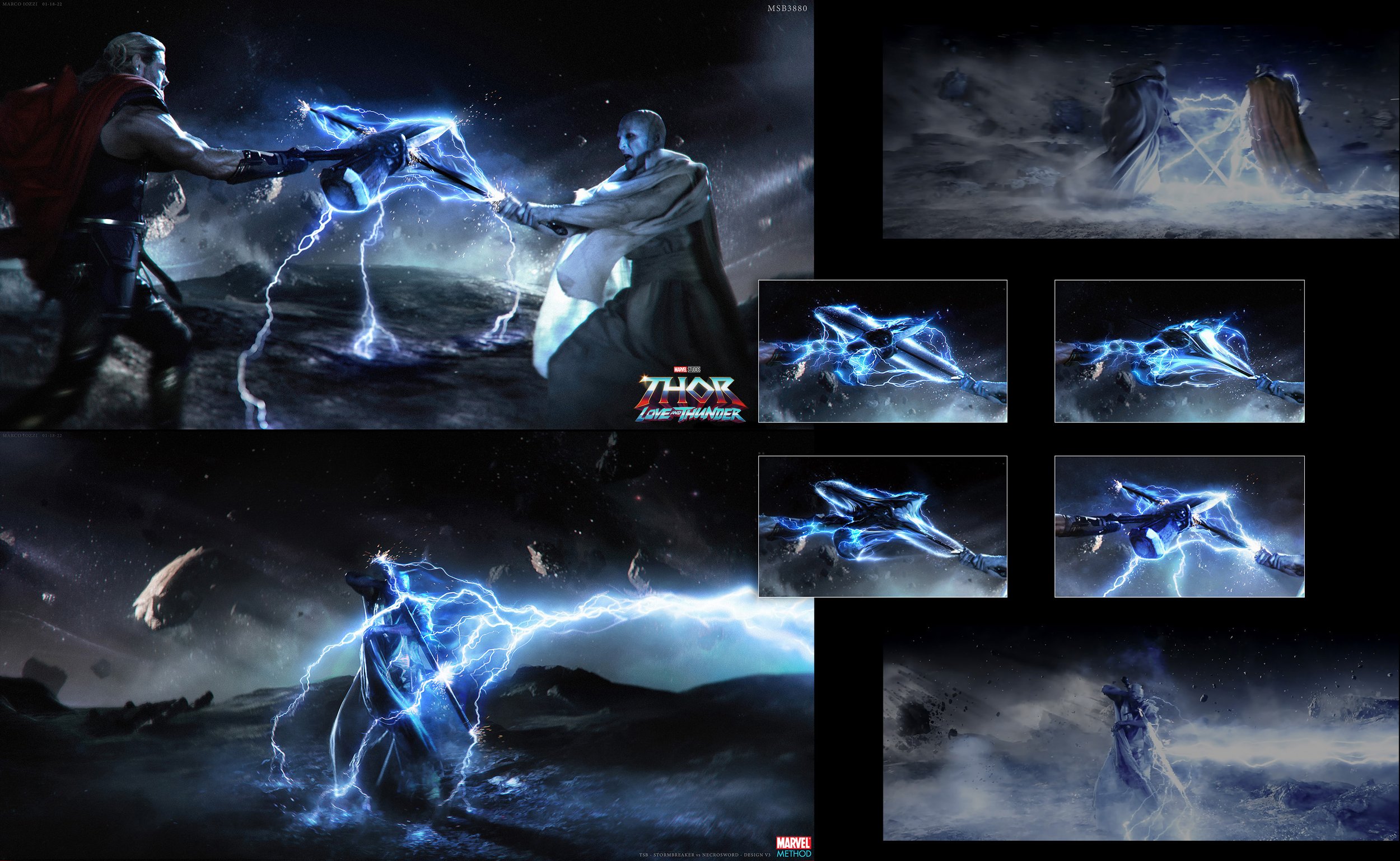 A scene from the movie Thor: Love and Thunder showing two characters, one wielding a weapon with lightning effects, engaged in a battle on a stormy landscape with lightning, rocks, and cosmic elements in the background.