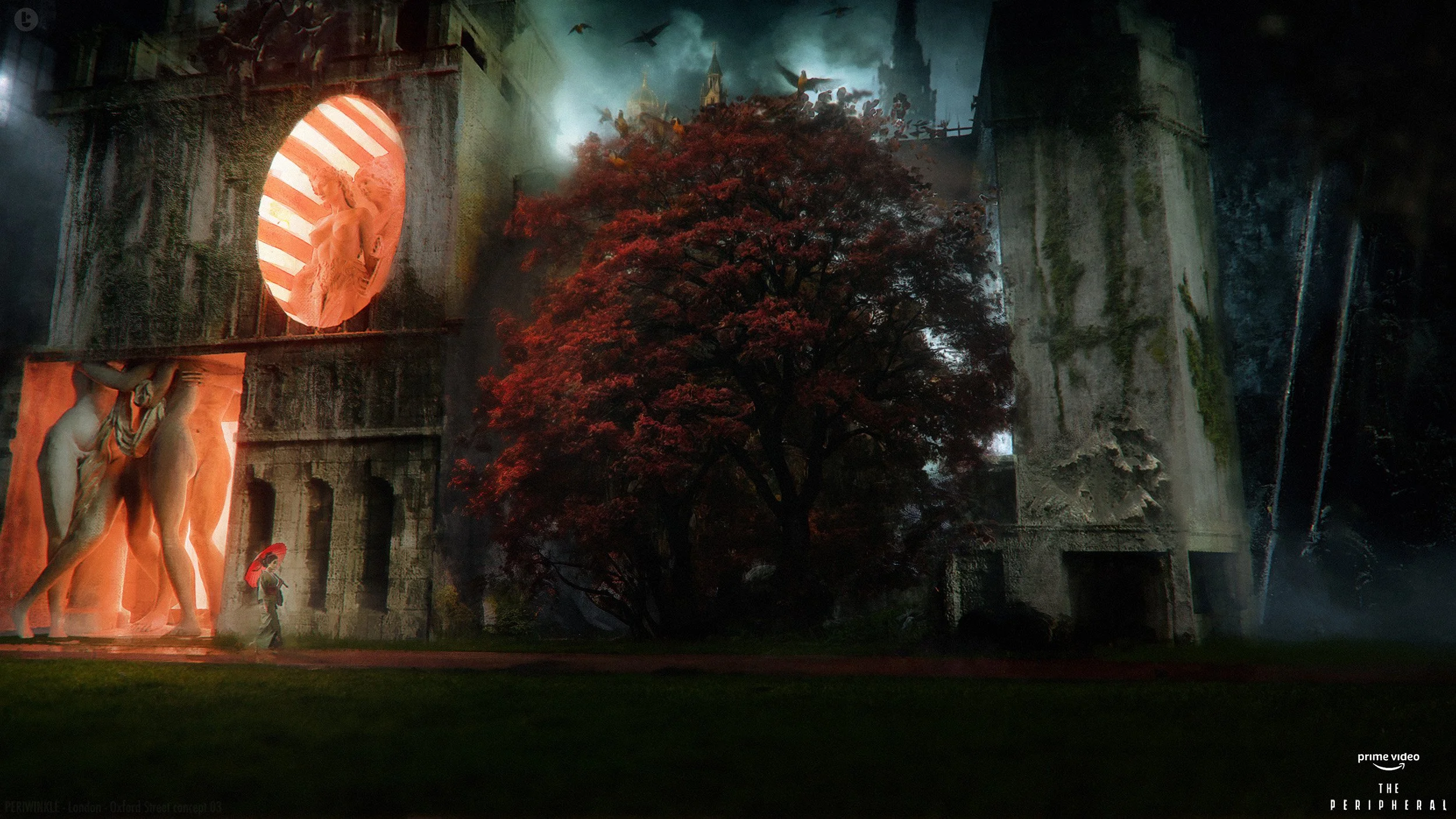A large, ancient structure resembling a Roman aqueduct with modern statues inside and around it, illuminated with warm and cool lighting, with a large red-leaved tree in front and a cloudy sky background. Peripheral amazon concept art science fiction