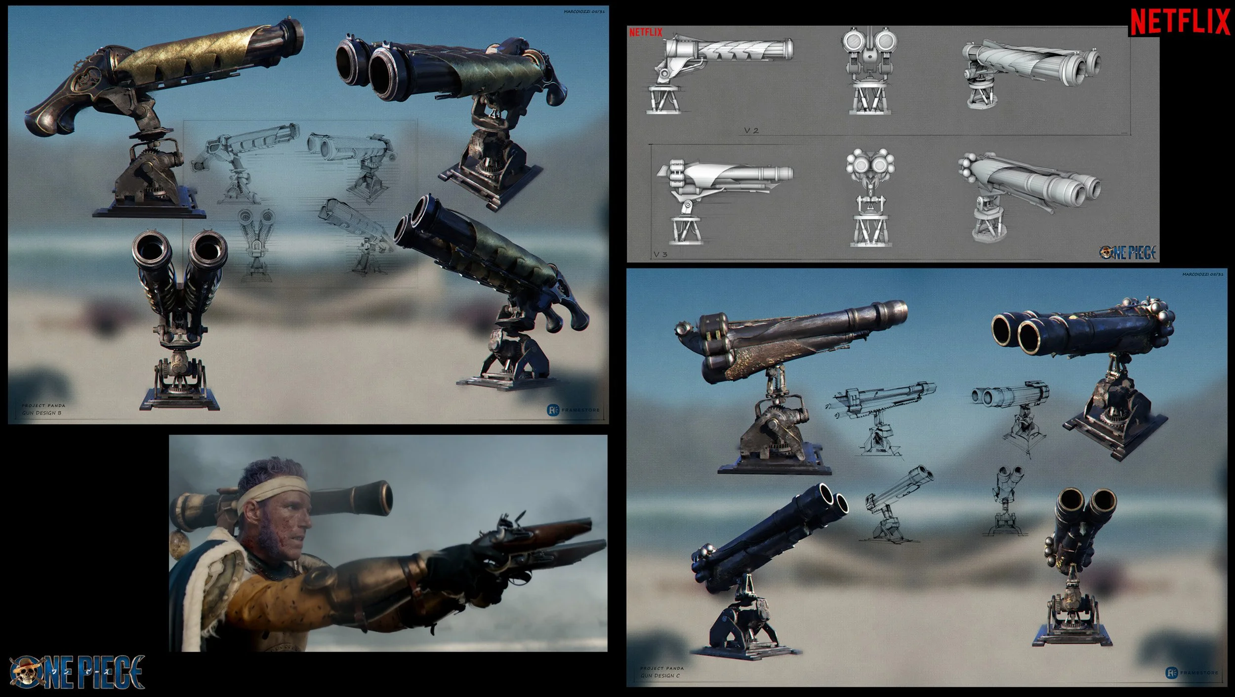 Images of various gun designs from the anime One Piece, including technical sketches and 3D models of cannons and rifles, with a character aiming a large cannon.