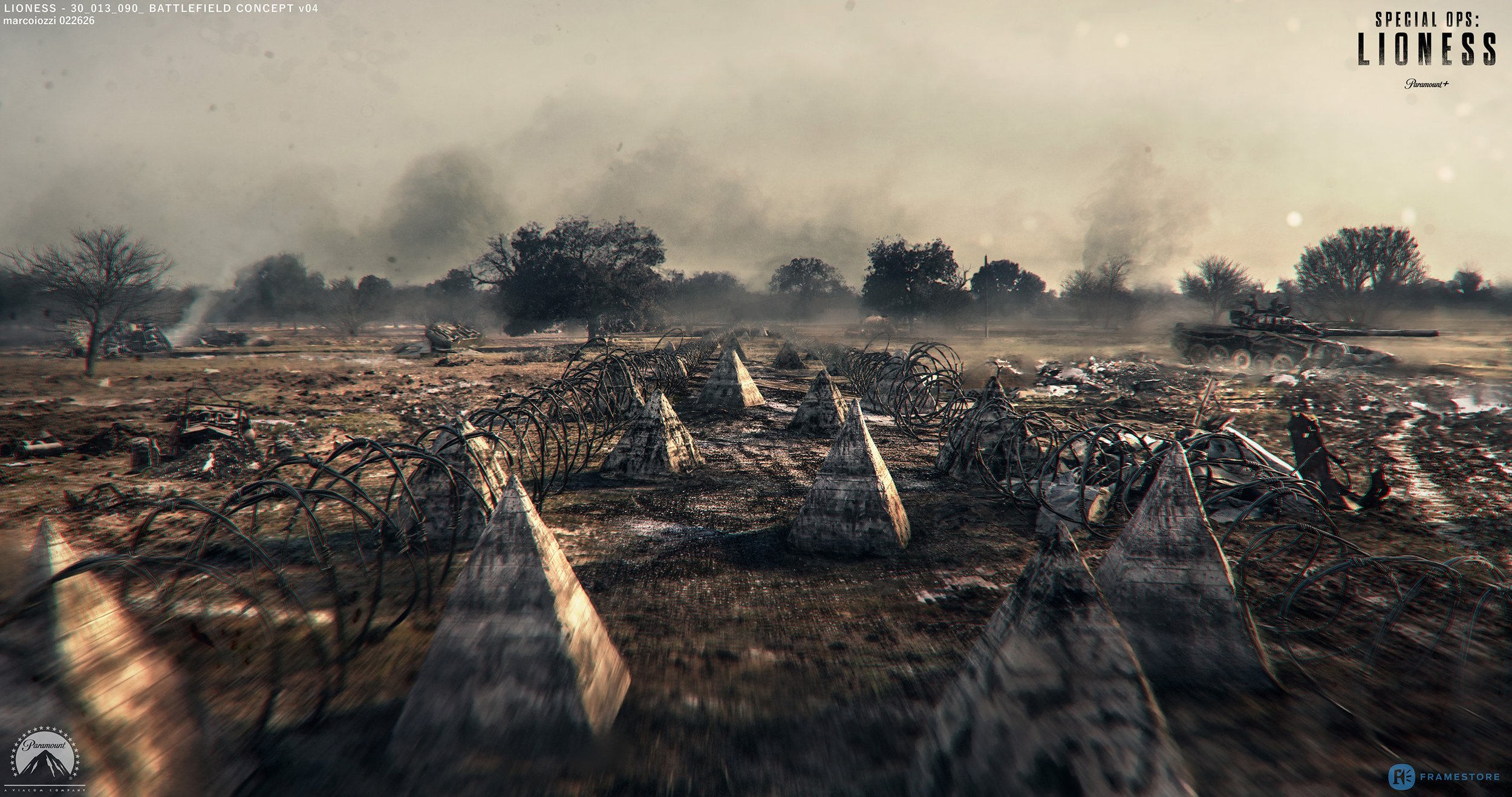 A battlefield with destroyed military equipment and smoke in the background, with trees and a military vehicle on the right side.
