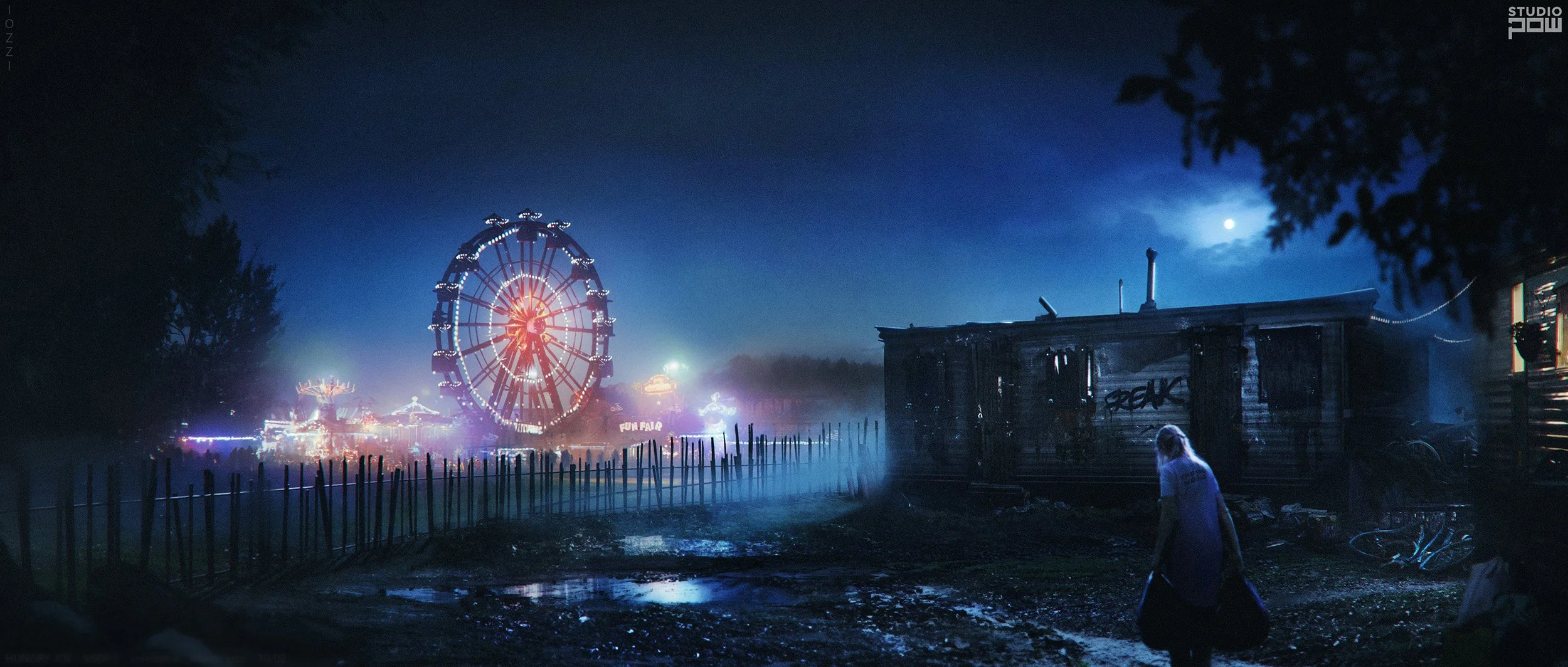 Night scene at an amusement park with a glowing Ferris wheel, carnival rides, and fog, next to an old, abandoned wooden building with graffiti. A person with long hair and a white shirt is walking in the foreground. Horror Concept Art 