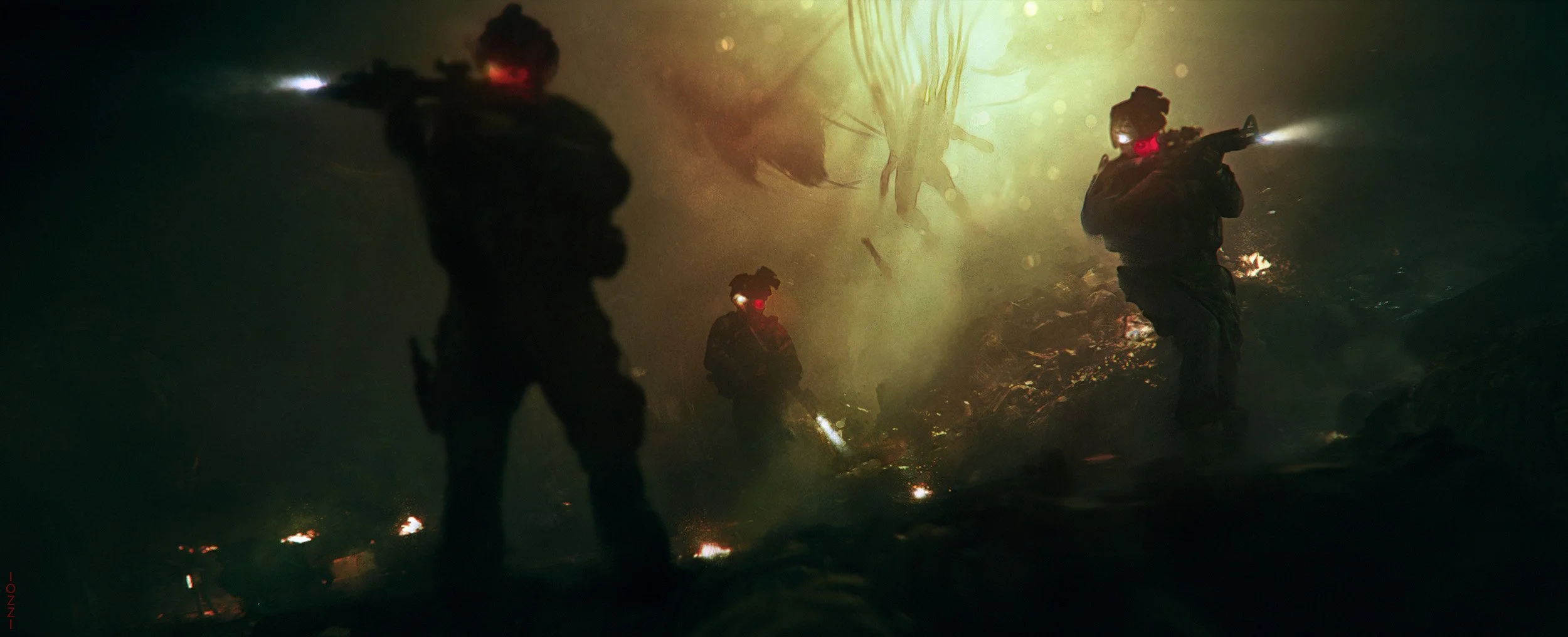 Three soldiers wearing helmets with headlamps advancing through a dark, smoky battlefield with scattered fires and debris.