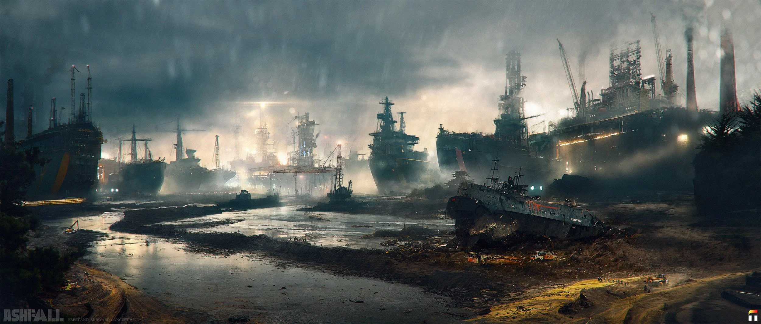 Dilapidated ships grounded in a muddy area near a contaminated water body, with a dark, cloudy sky and industrial structures in the background. Video Game Concept Art