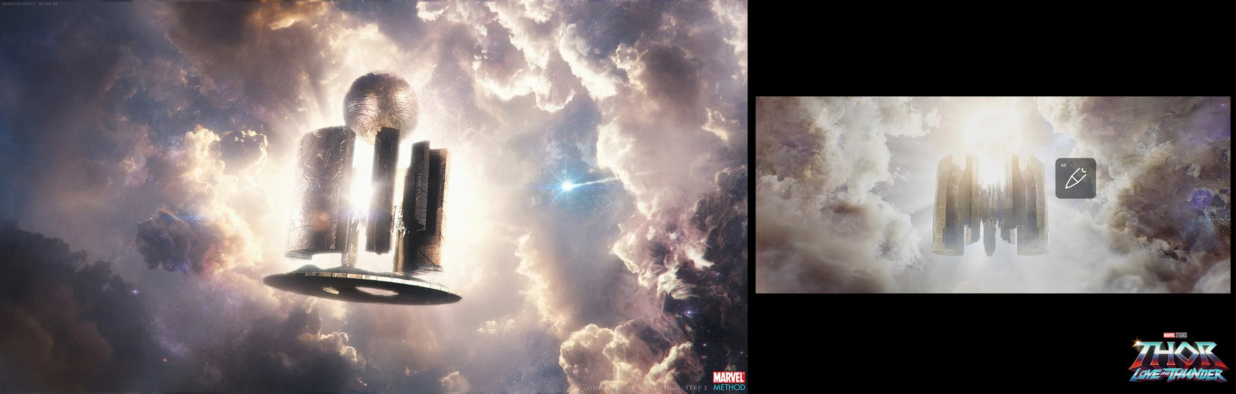 A futuristic spaceship flying through a cloudy sky with bright sunlight and cosmic clouds. The spaceship has a sleek, metallic design with multiple vertical structures and a circular base. The Marvel logo and the title "Thor: Love and Thunder" are vi