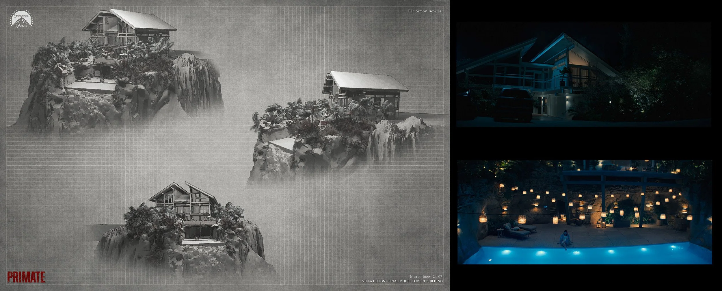 Design plans and renders of a modern house with a steep roof, located on a rocky cliff with lush greenery.