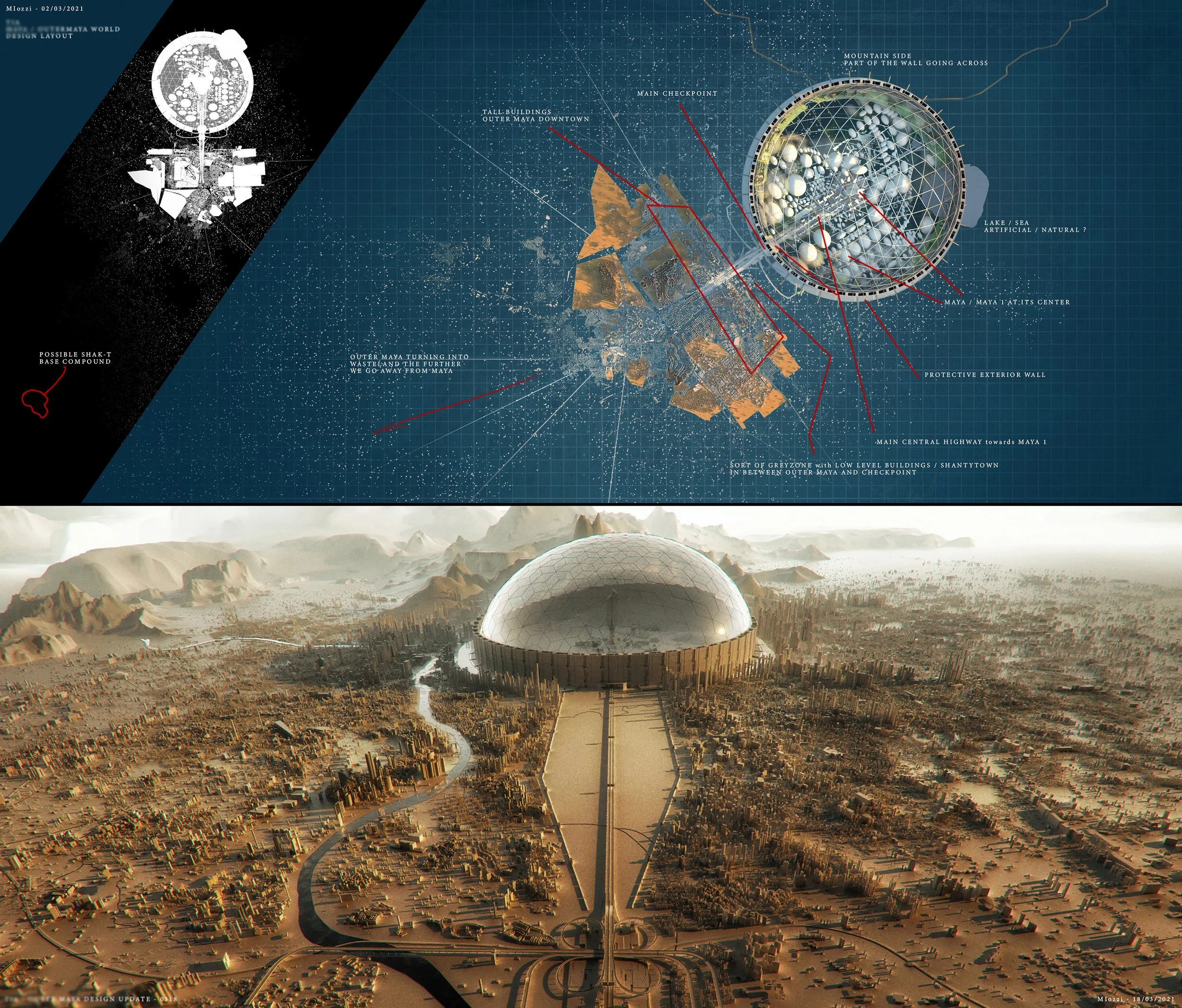 A detailed infographic of a futuristic city layout in the top section, with labels pointing to various structures including a main checkpoint, tall buildings, and an artificial lake or sea. The bottom section features a digital rendering of an expans