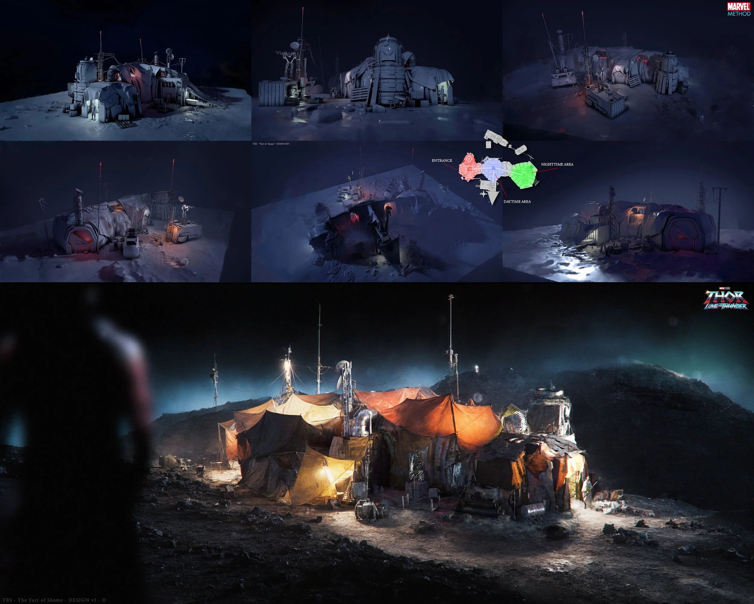 A collage of images of a lunar base from the Marvel movie Thor: Love and Thunder, showing various modules, equipment, and a map of the base's layout, along with an exterior view of a tent-like structure on the moon's surface.