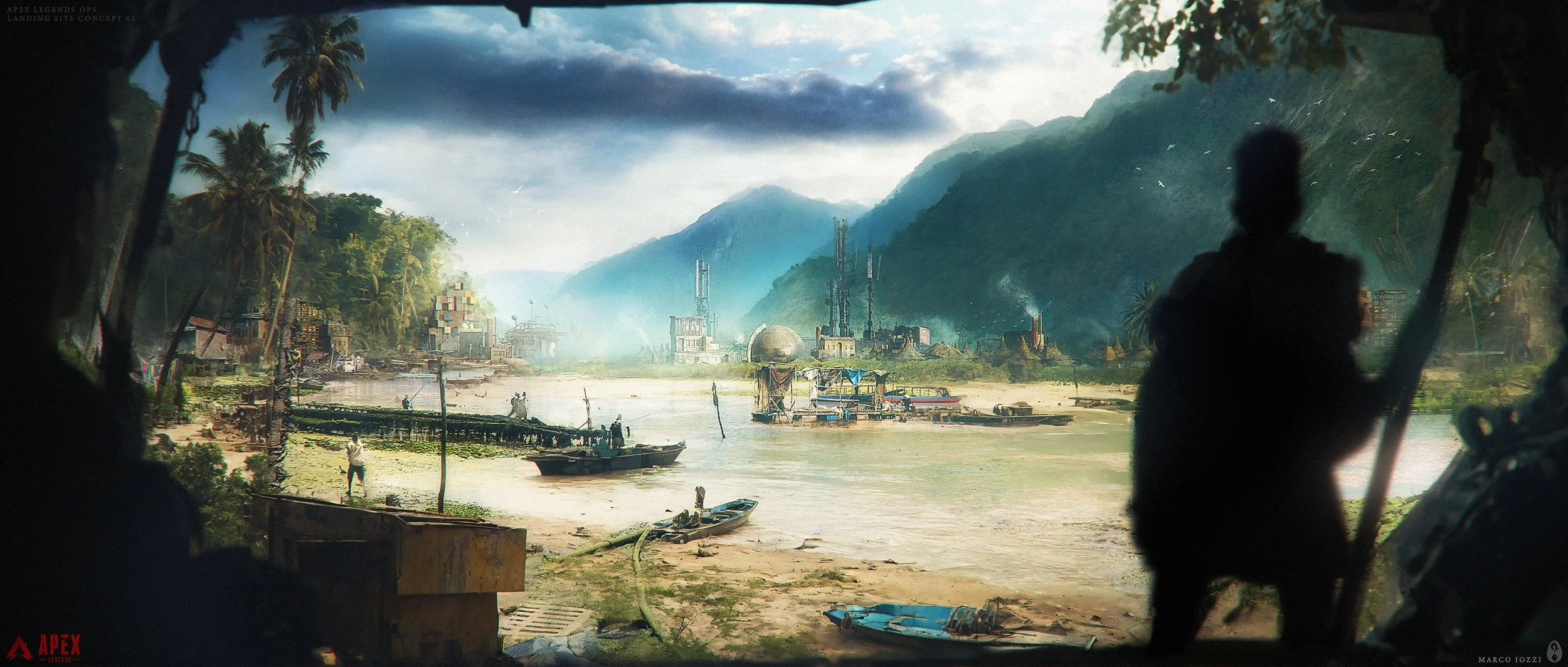 Fictional landscape from a video game showing a shoreline with boats, palm trees, and structures, with mountains in the background and a silhouette of a person in the foreground.