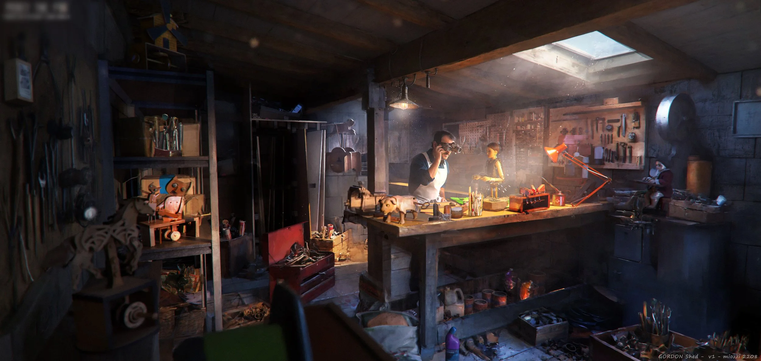 Inside a cluttered woodworking workshop with a man looking through goggles at a cutting tool, surrounded by tools, wood, and various craft items in warm natural light from a skylight.