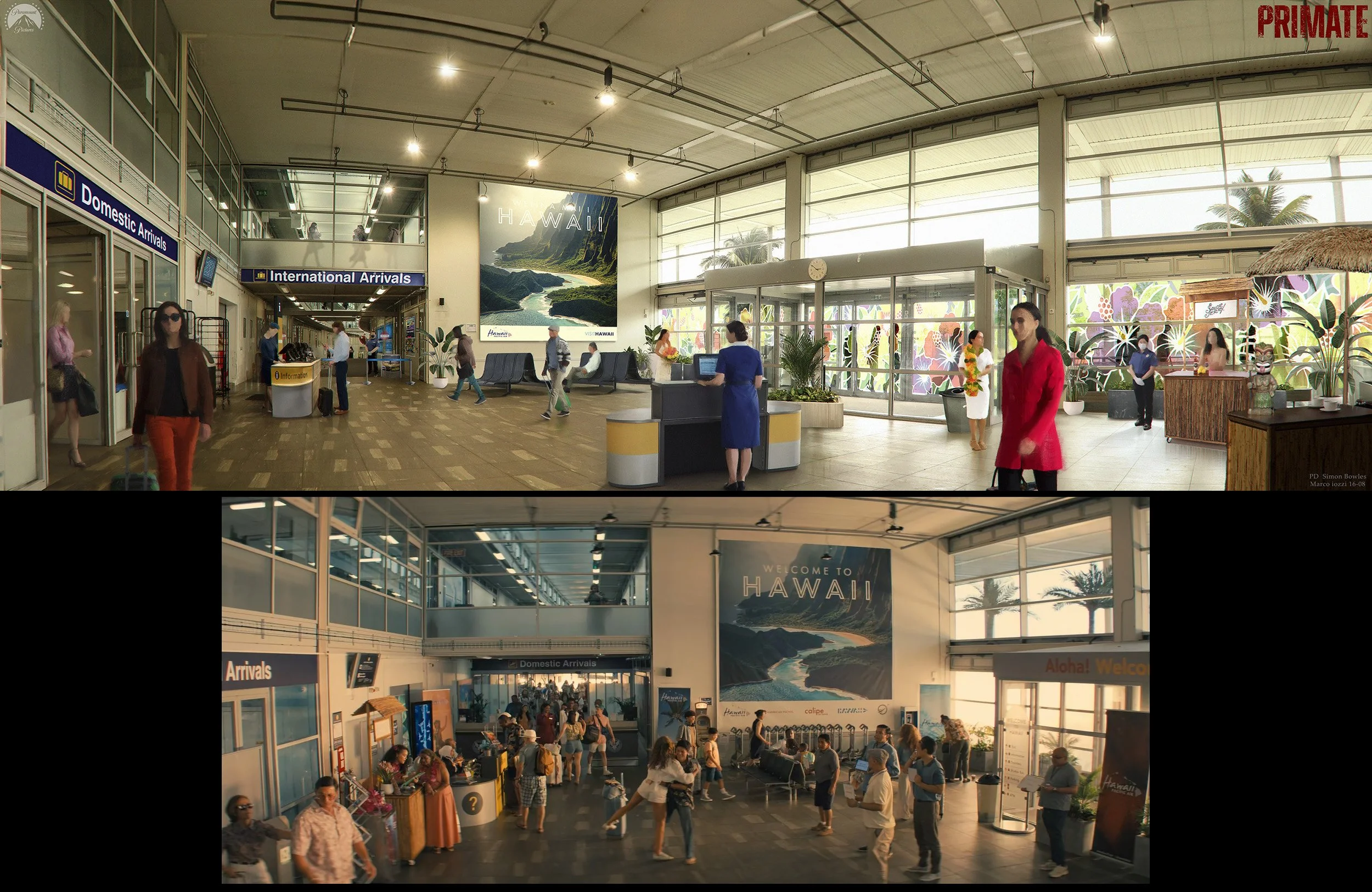 Airport interior with arrivals and departures signs, travelers walking and sitting, a large Hawaii poster, decorative plants, and colorful tropical wall art.rimate Paramount concept art