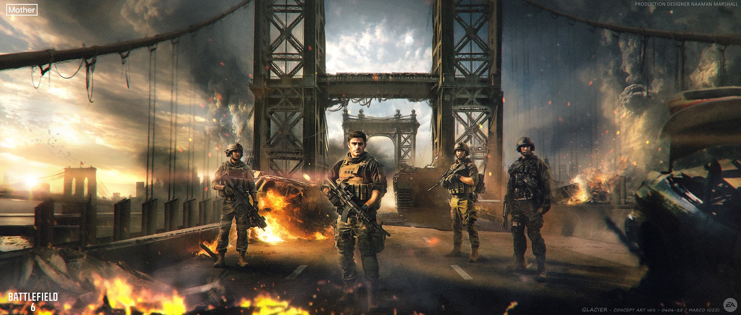 Concept art from the video game Battlefield 6 showing five soldiers in tactical gear standing on a war-torn bridge with vehicles and explosions, cloudy sky, and fire in the background.