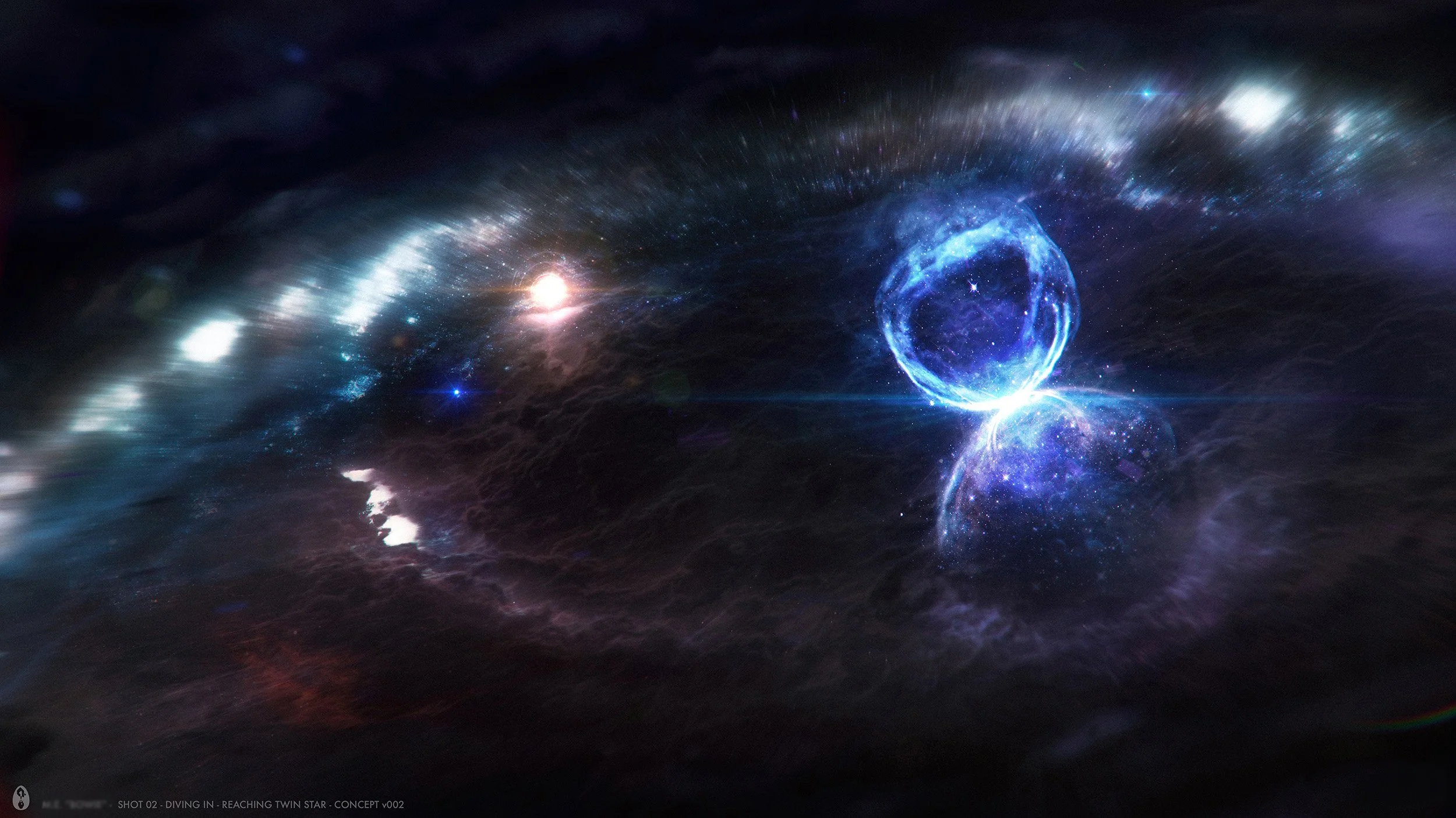 VFX Art direction concept art, of a deep space showing a glowing celestial explosion resembling a star or planet. Multiple smaller images inset show stages of an explosion, with bright flashes and expanding clouds of gas and dust, set against a backd
