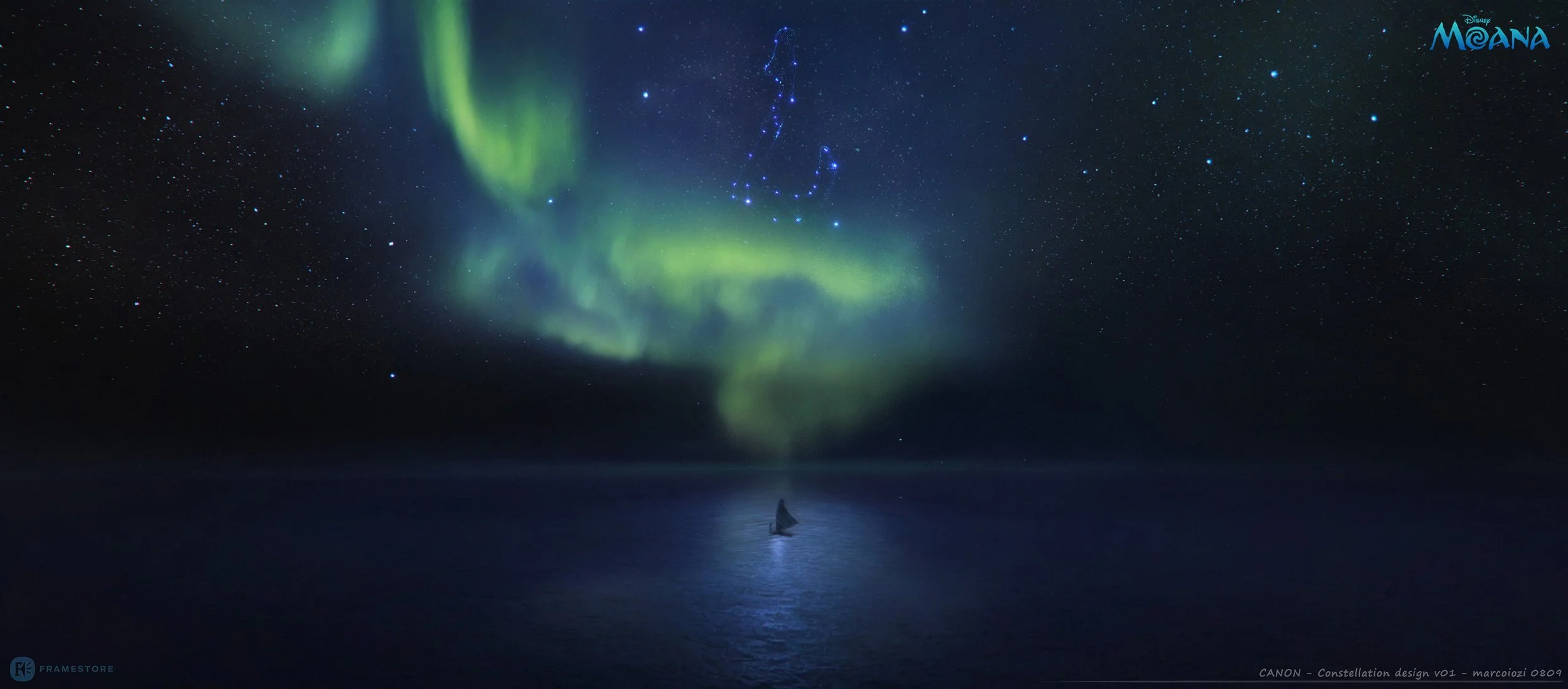 Northern lights and starry night sky over ocean with a small sailboat. Disney Moana concept art