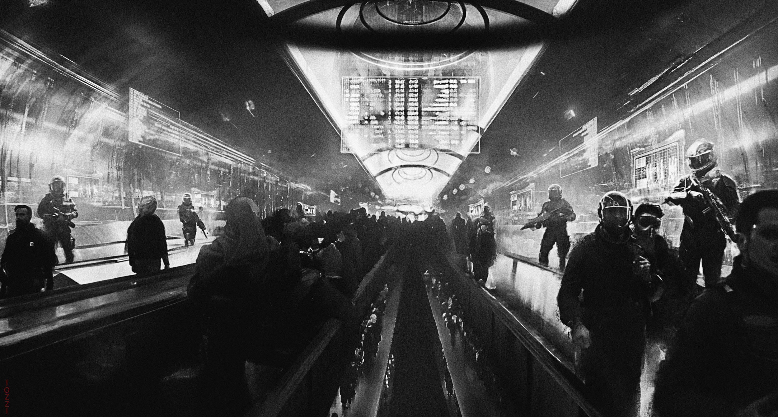 Black and white photo of people and police officers inside a futuristic, illuminated, underground train station or terminal.