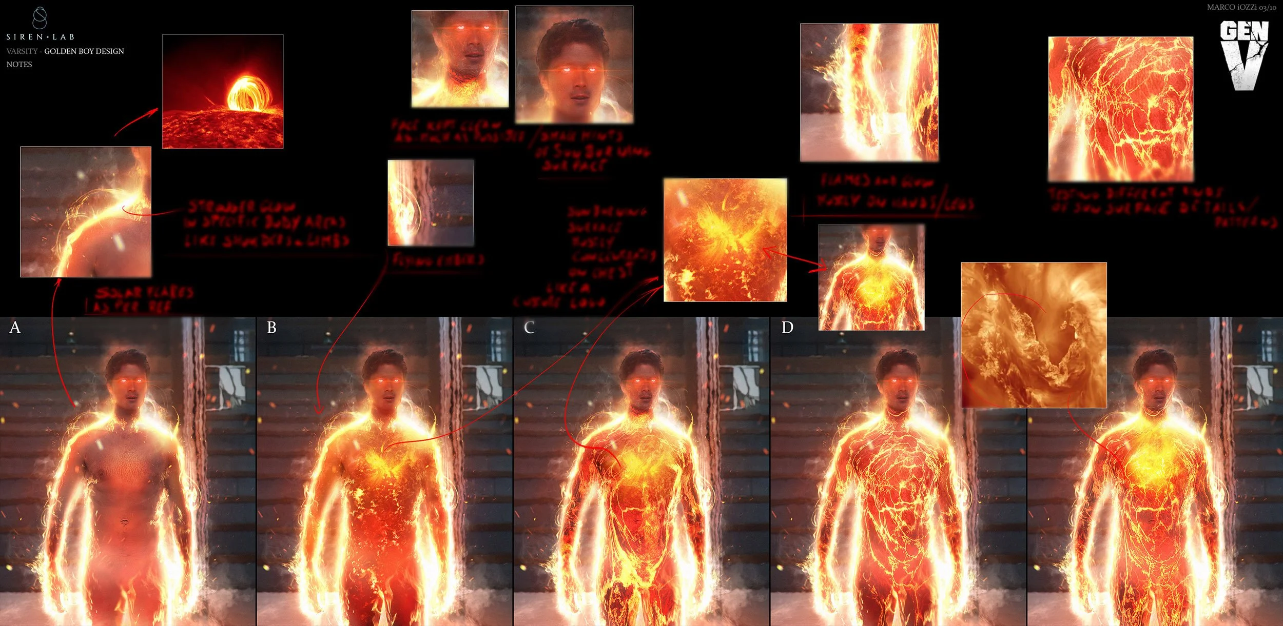 Series of frames showing a person transforming into a fiery, flame-like figure, with images of flames, lava, and fiery explosions, and handwritten notes describing the transformation process. GenV The Boys concept art Golden Boy
