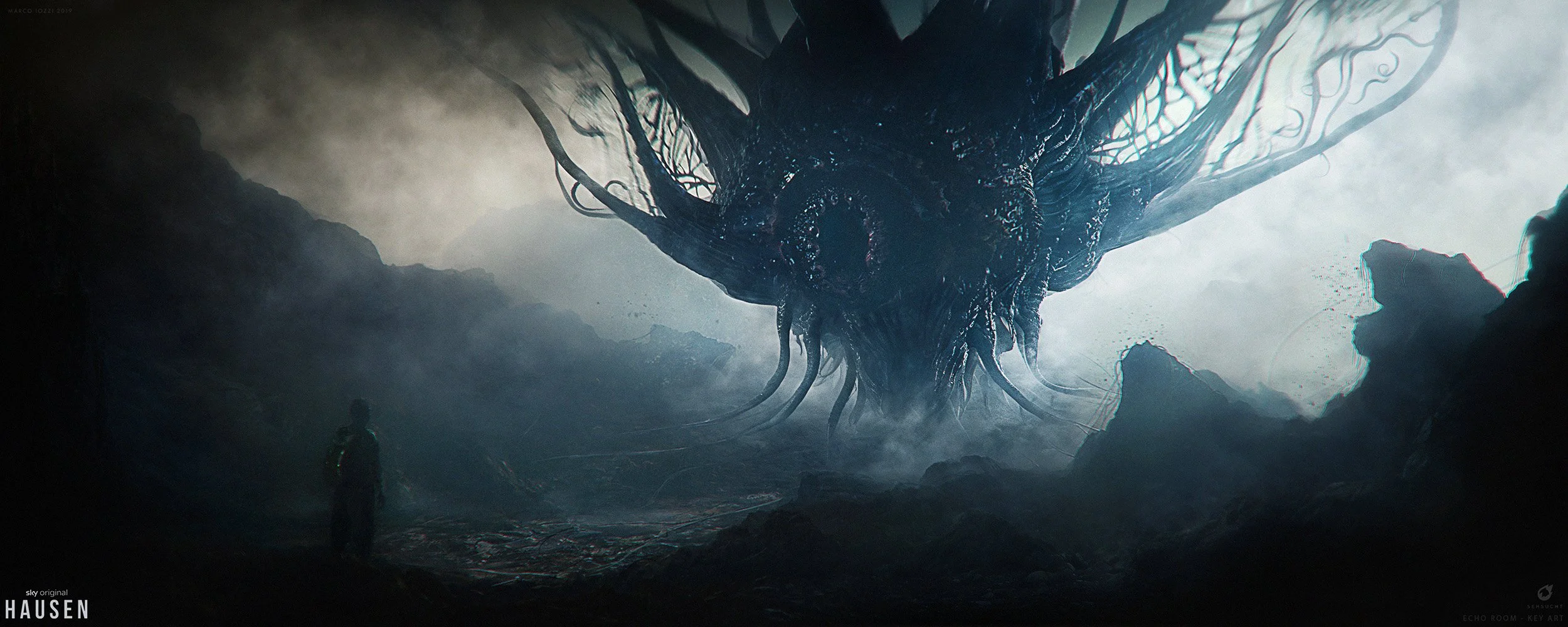 A dark, misty landscape with a large, ominous, tentacle-covered creature descending from the sky, approaching a small human figure standing on the ground, with rocky terrain and mountains in the background. Sky Hausen Tv series 