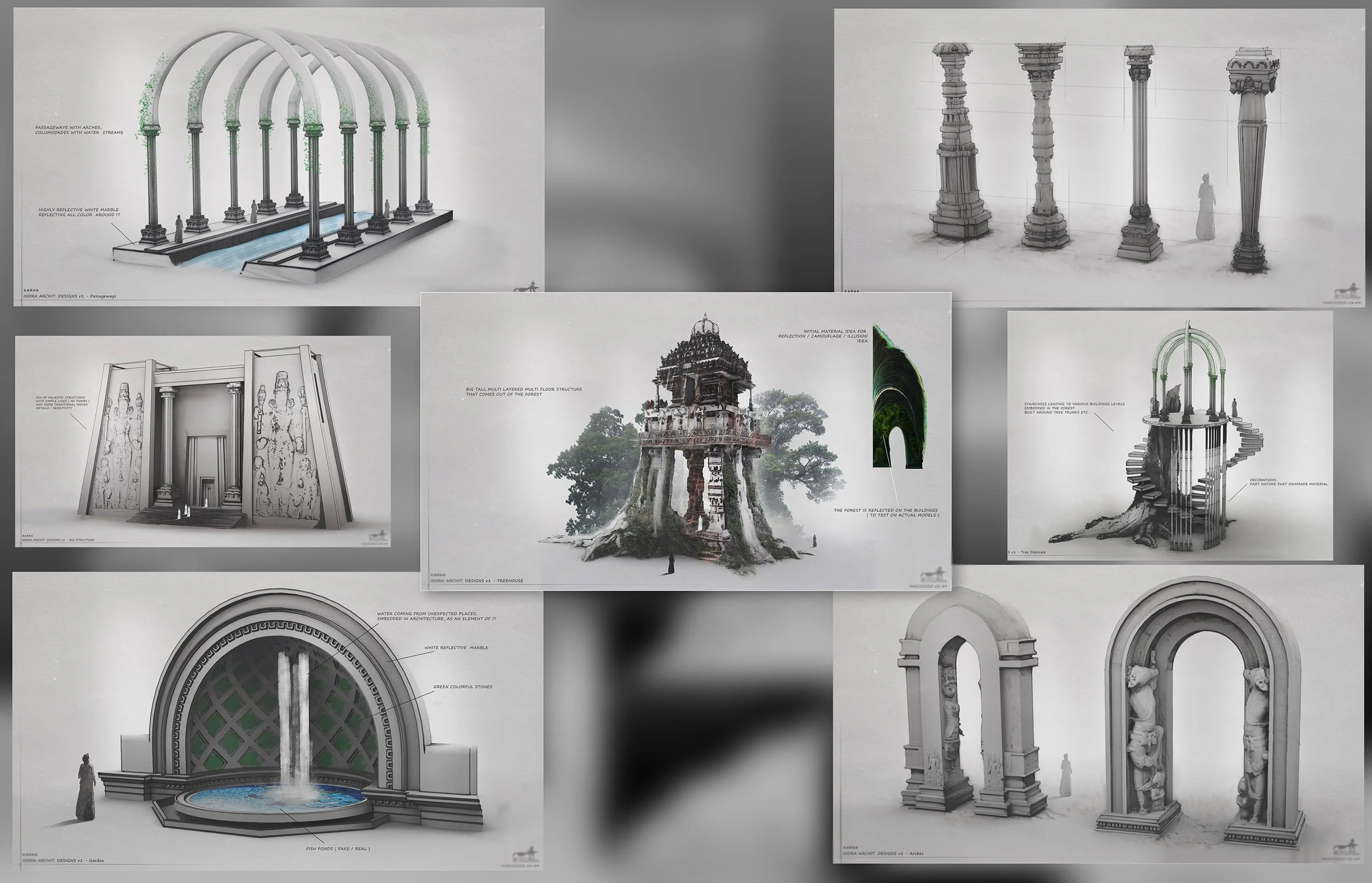 Design sketches of architectural structures, including arches with water streams, columns, a treehouse, a fountain pond, and staircases.