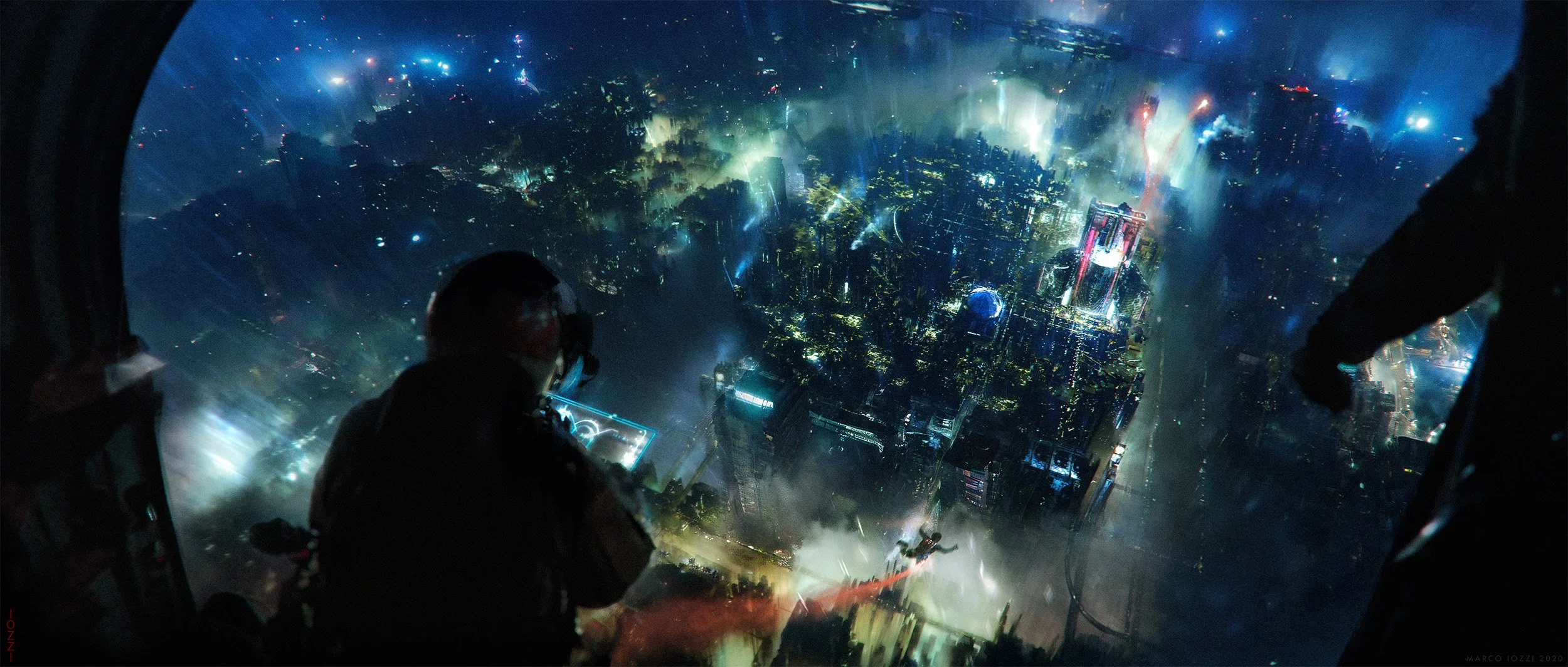 A view from a helicopter cockpit at night, looking down at a brightly lit cityscape with skyscrapers and skyscraper lights, with the pilot and a crew member visible in the foreground.