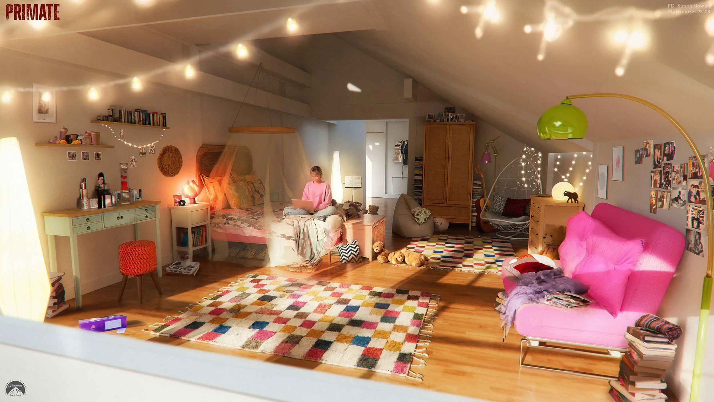 A colorful attic bedroom with a bed, a woman using a laptop, a pink sofa, a multicolored rug, string lights, bookshelves, cozy seating, and various decorations.