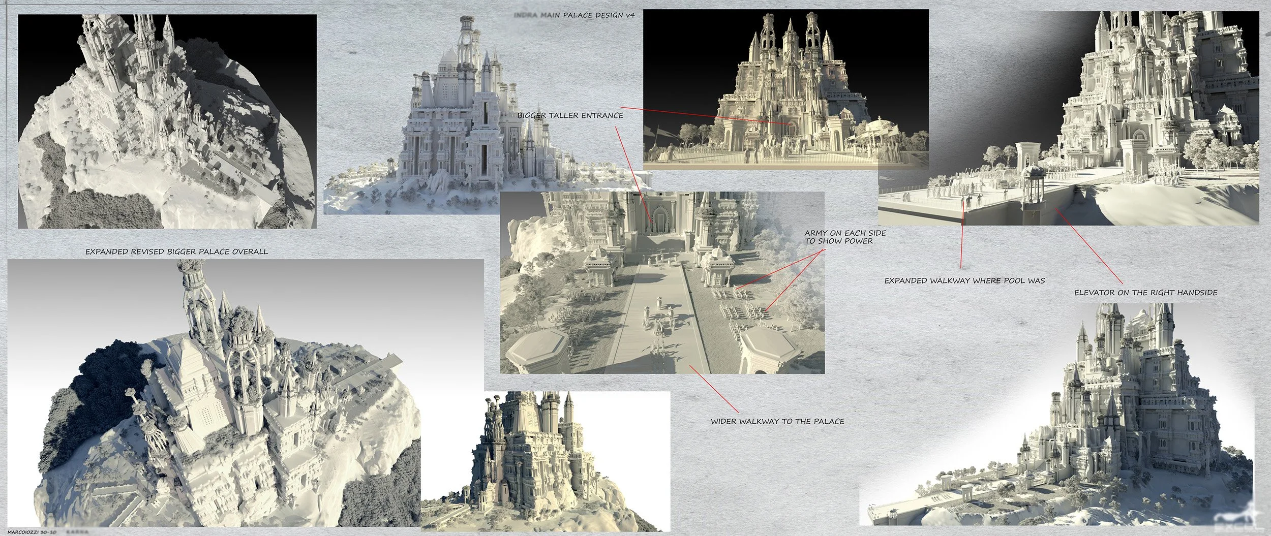 Design plans and 3D renderings of a large, ornate palace with multiple towers and detailed architecture. The images include annotations indicating features such as a bigger tower entrance, expanded walkways, armory on each side to show power, an elev