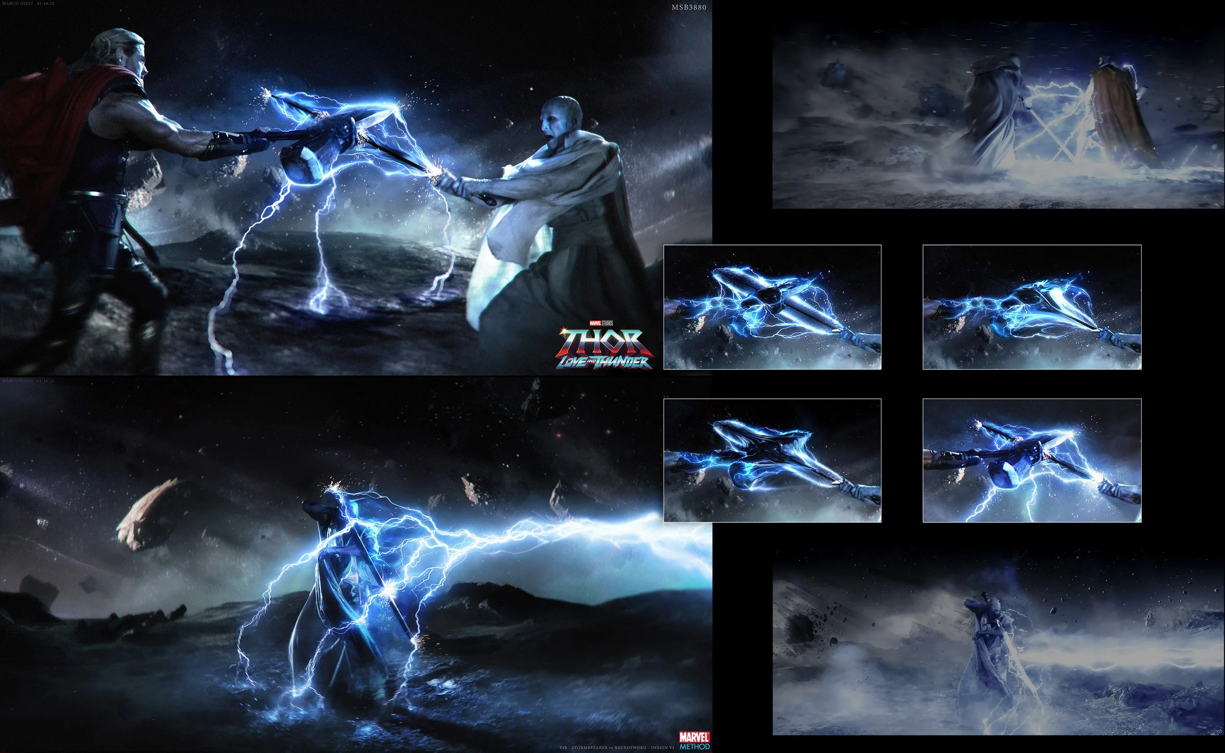 Sci-fi scene from Marvel's Thor: Love and Thunder depicting a battle with lightning and energy effects, featuring characters engaged in combat on a stormy landscape.