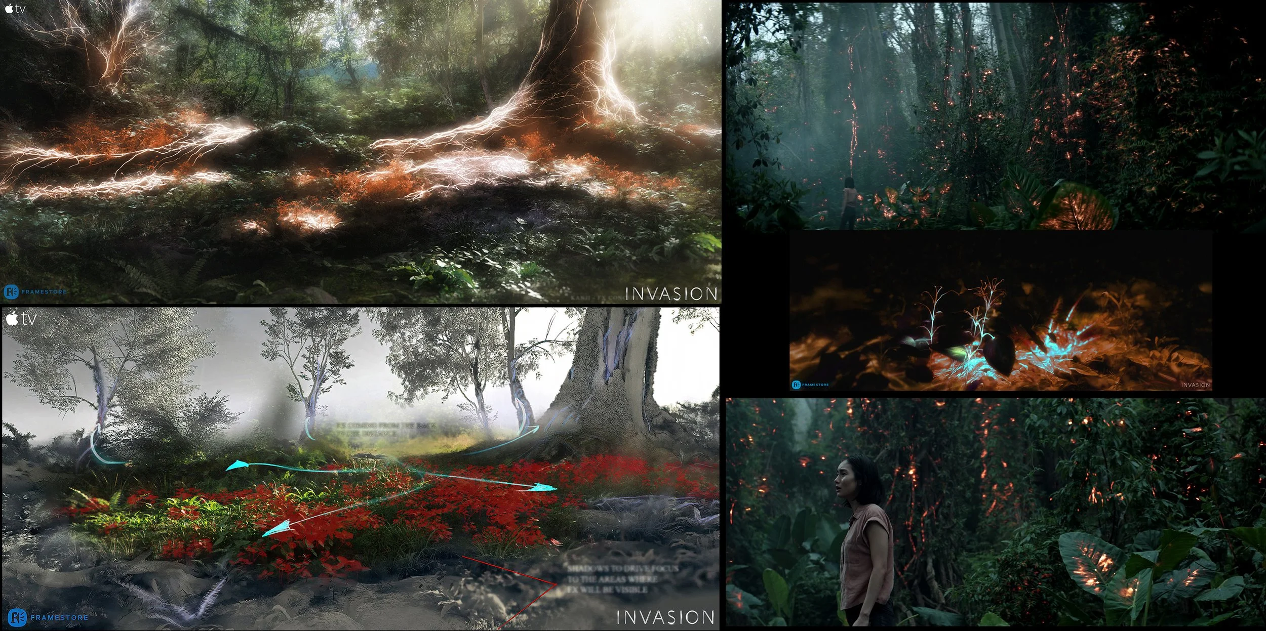 Collage of four images depicting a forest invasion scenario. The top left shows a forest floor with lightning-like energy streaks and glowing orange patches. The top right displays dense forest with glowing red veins and a person walking through. The