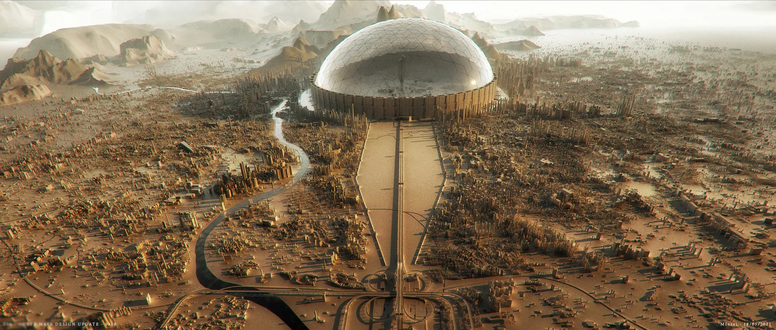 A futuristic cityscape with a large geodesic dome structure in the center, surrounded by a sprawling urban area, rivers, and mountains in the background.
