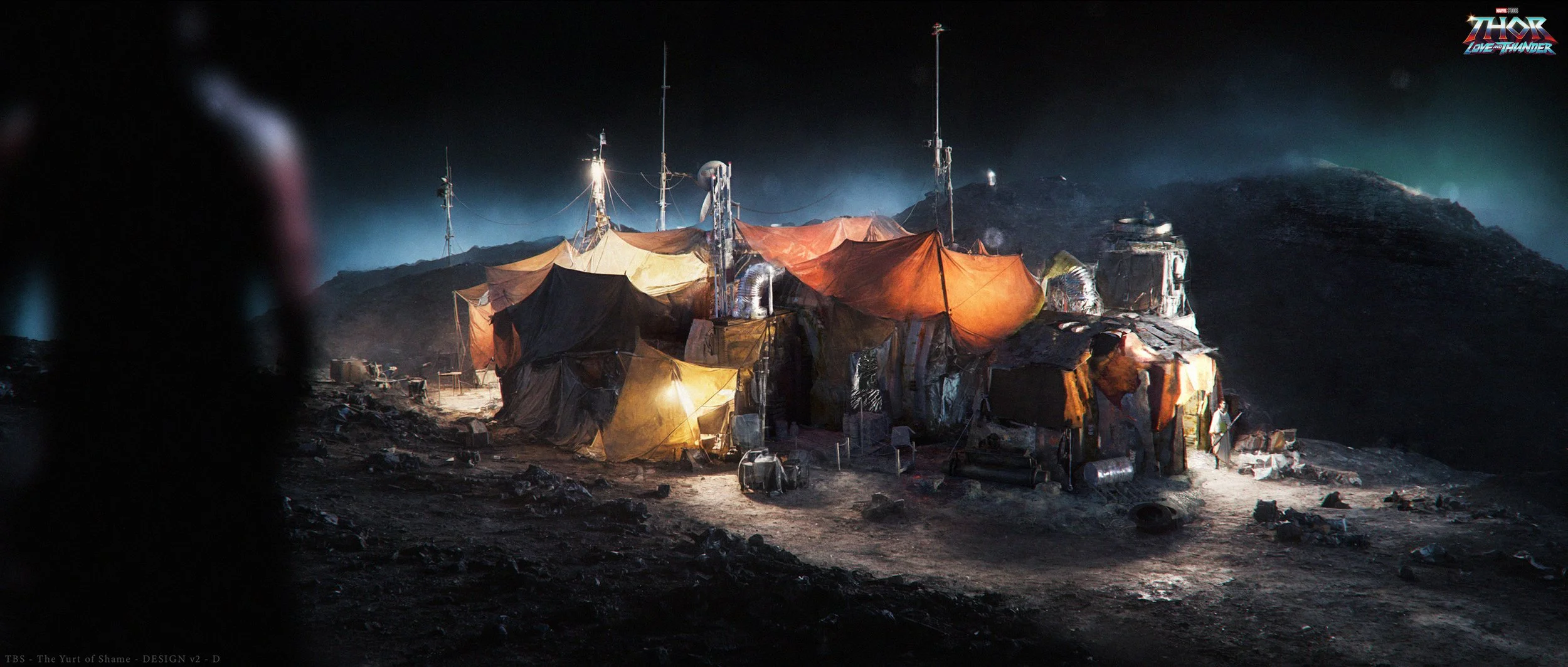 A rugged lunar habitat with tents and equipment on the moon's surface, illuminated by artificial lights, with a distant mountain and aurora in the background.