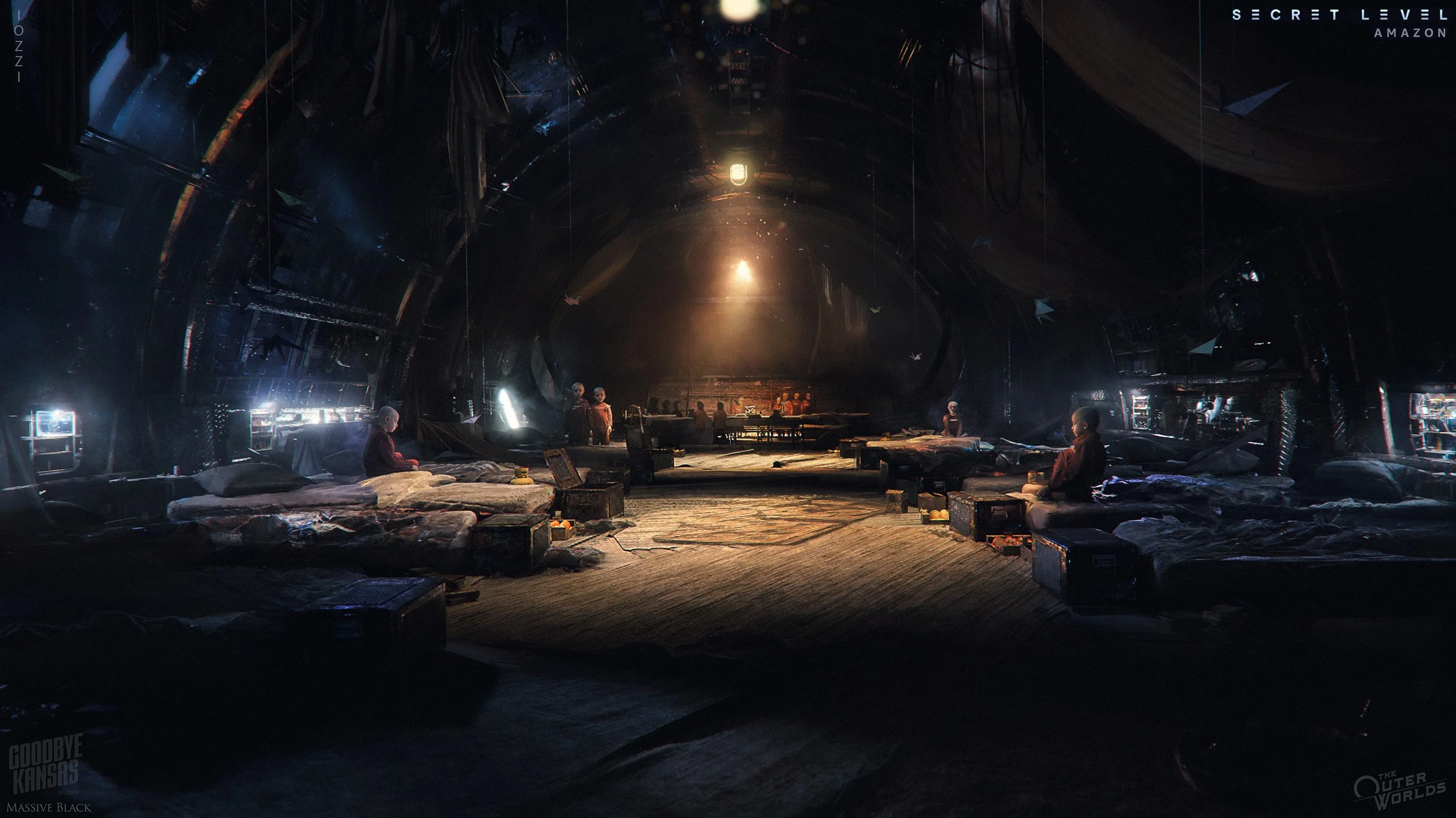 A dark, futuristic space with beds arranged on the sides, each occupied by a person in robes. There is a central stage with additional people sitting or standing, illuminated by a soft, warm light from above. The environment has a sci-fi aesthetic wi