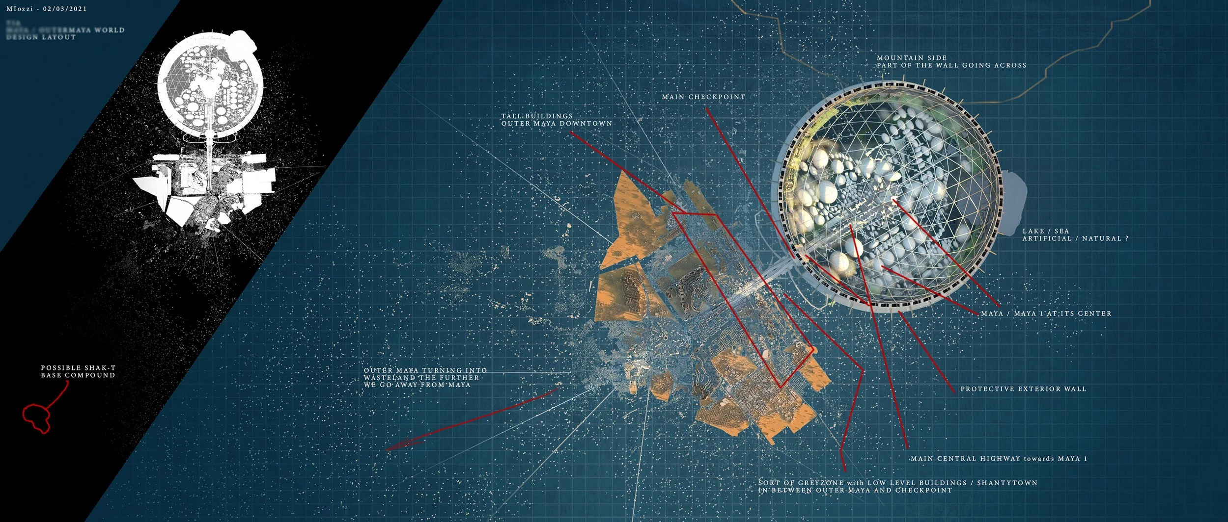 Design blueprint of a futuristic space station or structure with detailed annotations, layout, and labels indicating major components, layout, protective walls, and geographic features with a dark background and gridlines.