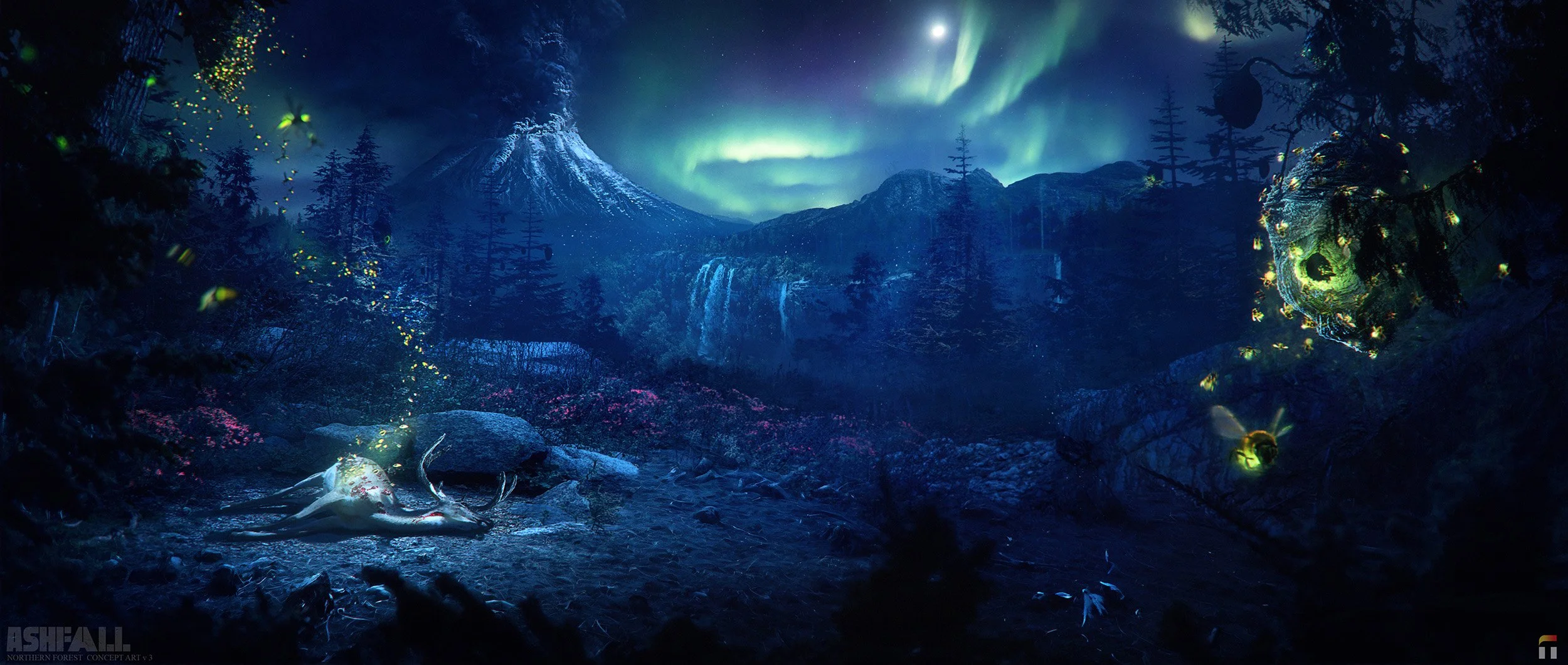 A fantasy landscape featuring a mountain with snow-capped peaks, illuminated by northern lights in the night sky. The scene includes a dense forest with tall trees, glowing insects or fireflies, a waterfall, and a large animal skull on the ground. Vi