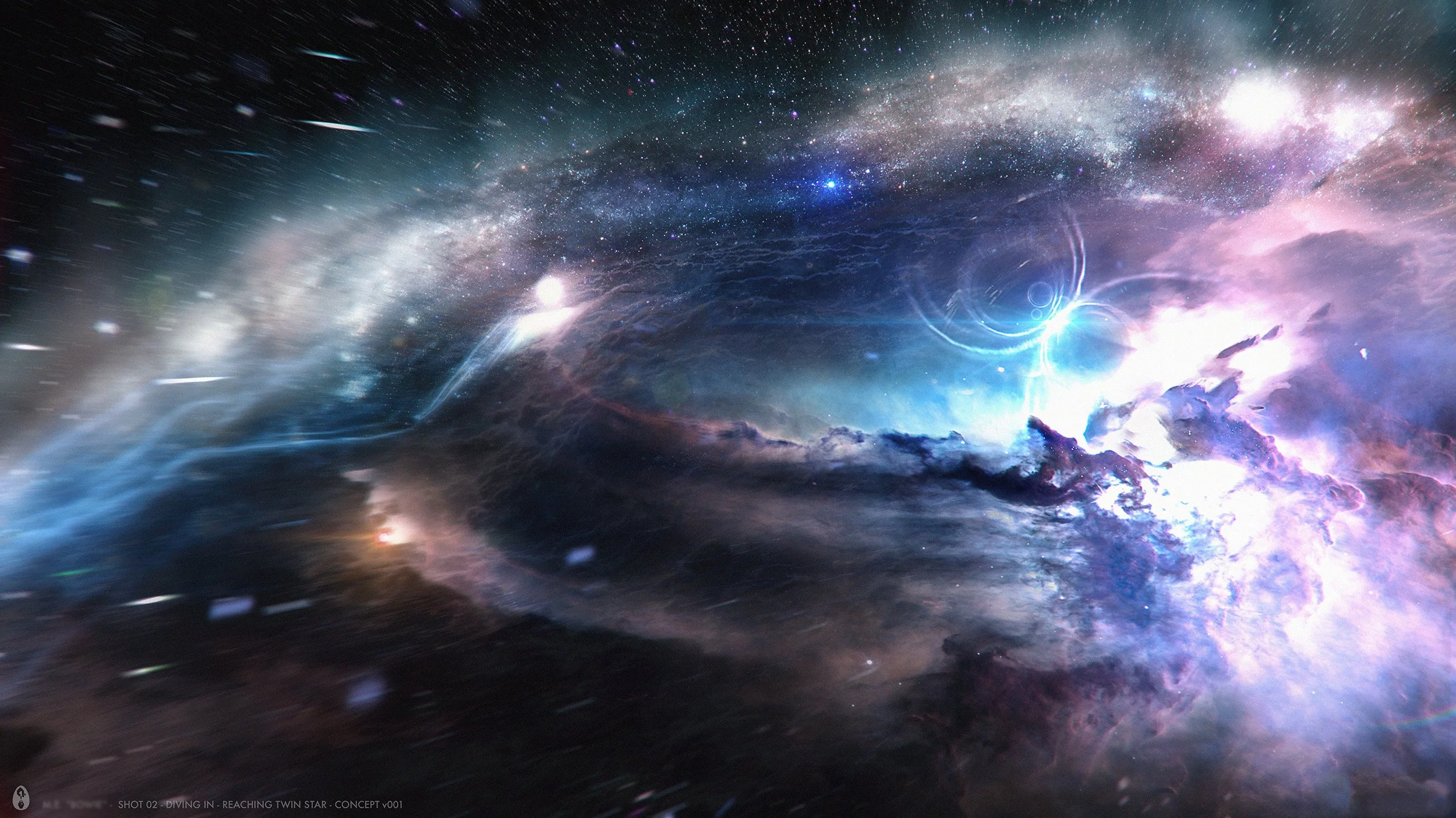 VFX Art direction concept art, of a deep space showing a glowing celestial explosion resembling a star or planet. Multiple smaller images inset show stages of an explosion, with bright flashes and expanding clouds of gas and dust, set against a backd
