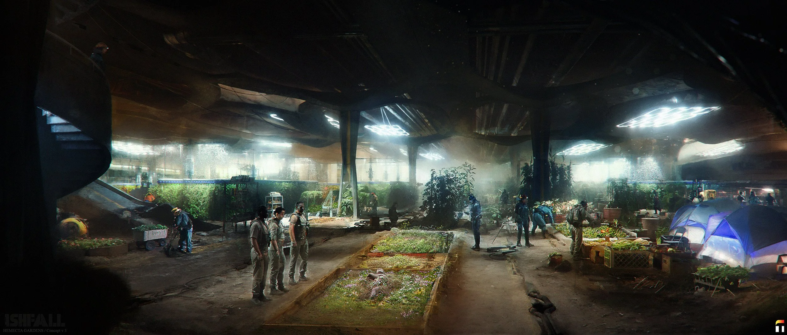 Inside a large greenhouse or indoor garden, workers are tending to plants and vegetation under artificial lighting, with some tents and equipment visible.
