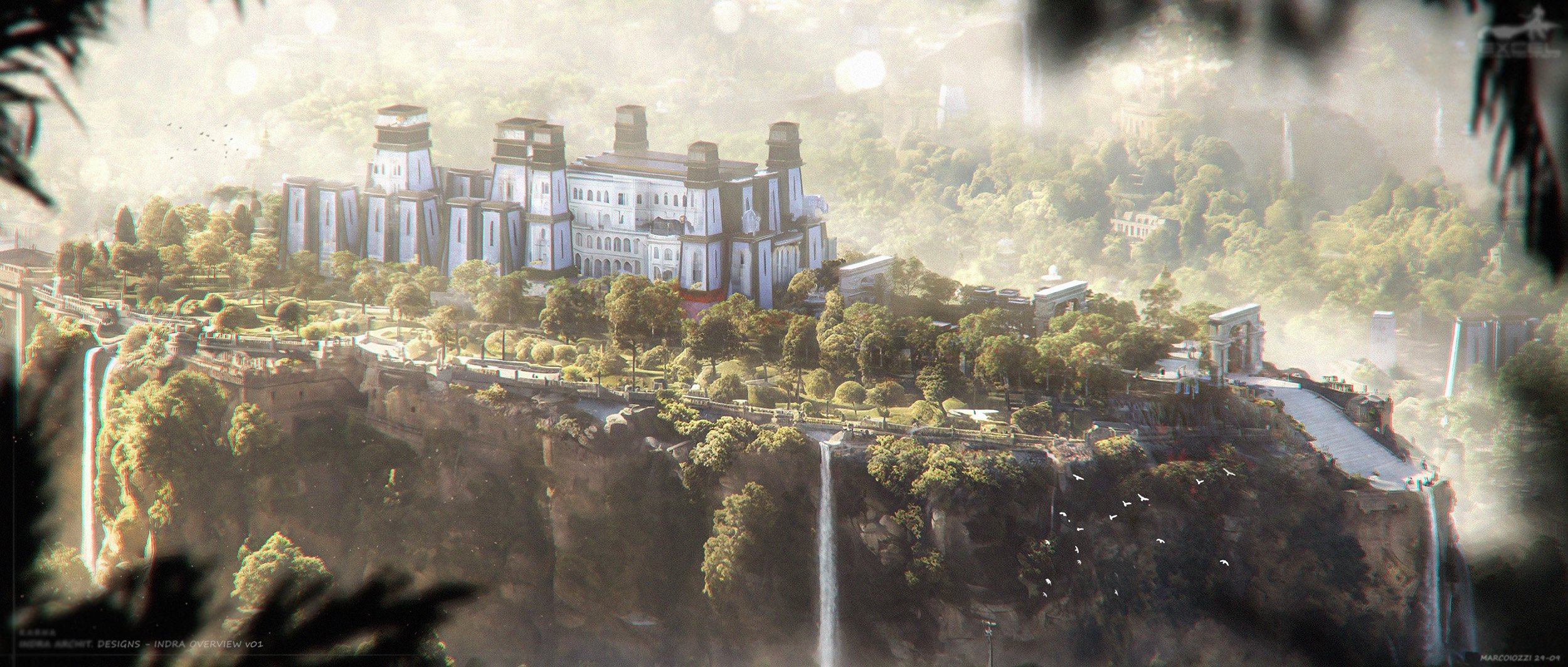 A floating castle with blue walls and multiple towers is situated on a plateau with waterfalls, surrounded by lush greenery and trees, in a misty, fantasy landscape.