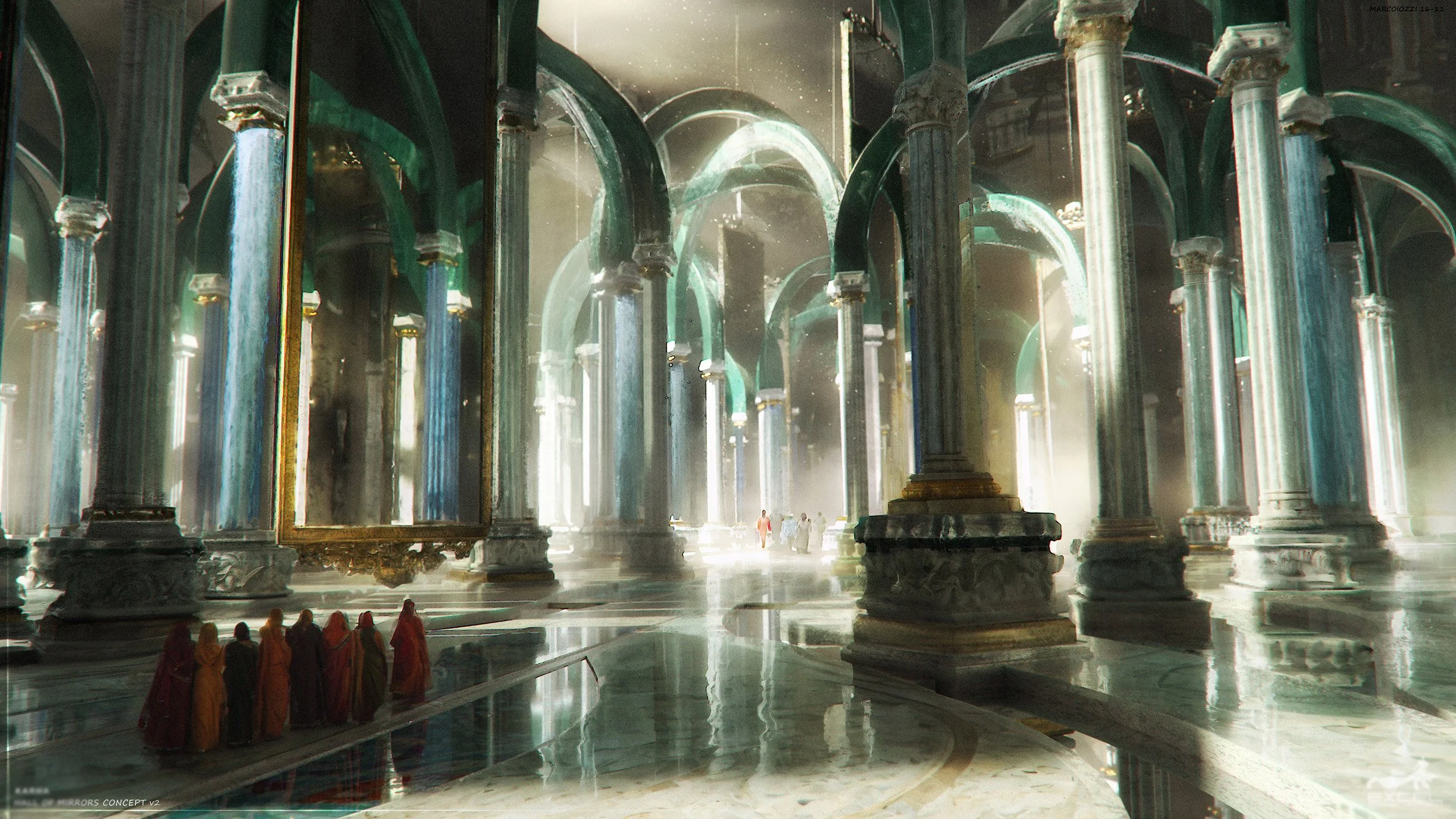 A grand, futuristic hall with tall, ornate columns and large arched mirrors. Several small human figures are walking, and a group of five people dressed in colorful robes are near the bottom left.