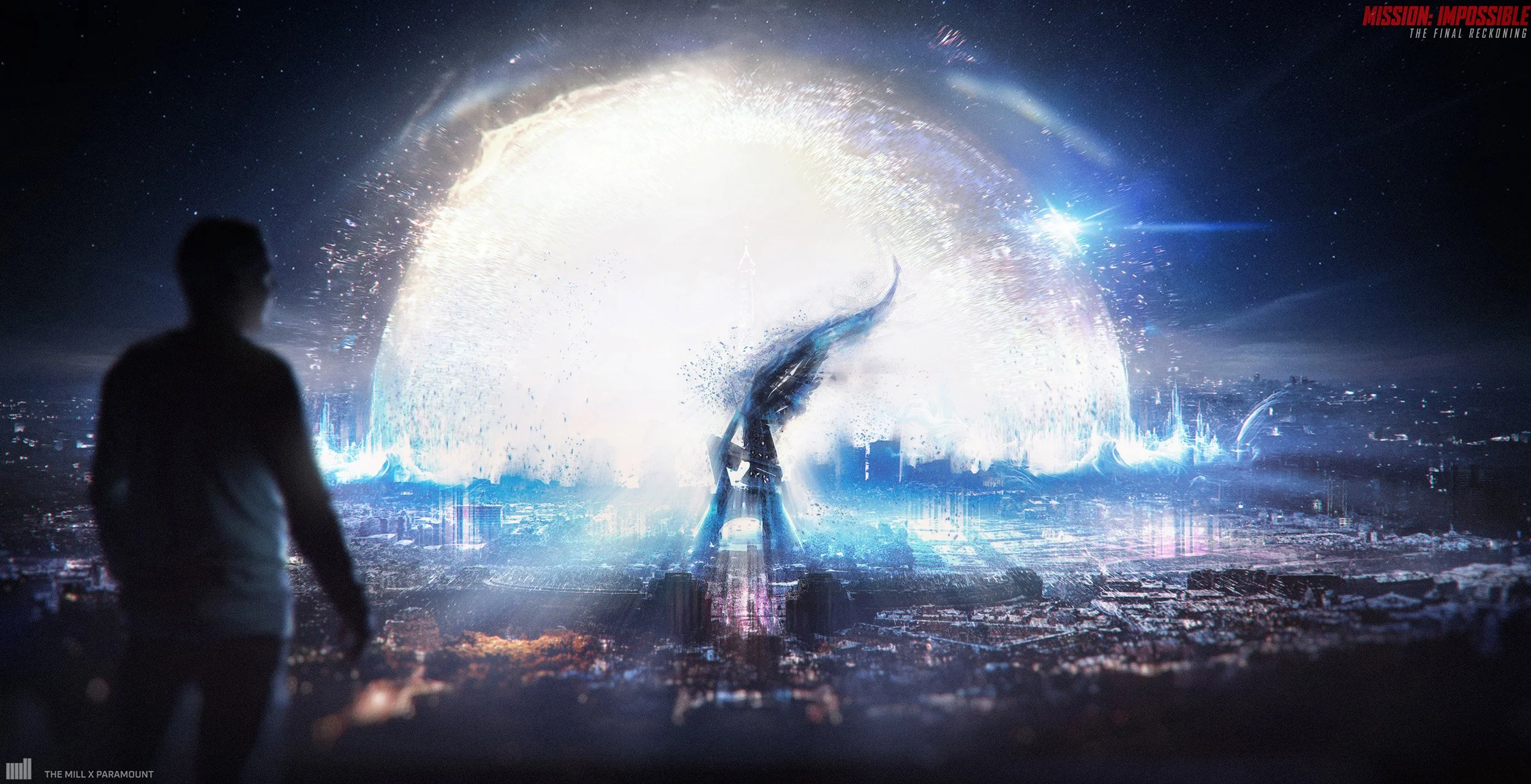 A person is silhouetted in the foreground, observing a large futuristic cityscape with a glowing, cosmic event or explosion in the background, featuring bright blue and white lights and a starry sky.