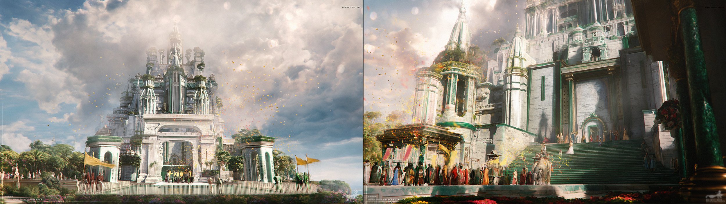 Two digital paintings of a fantasy palace with grand staircases and a crowd of people, one with bright clouds and the other with a dark, smoky sky.