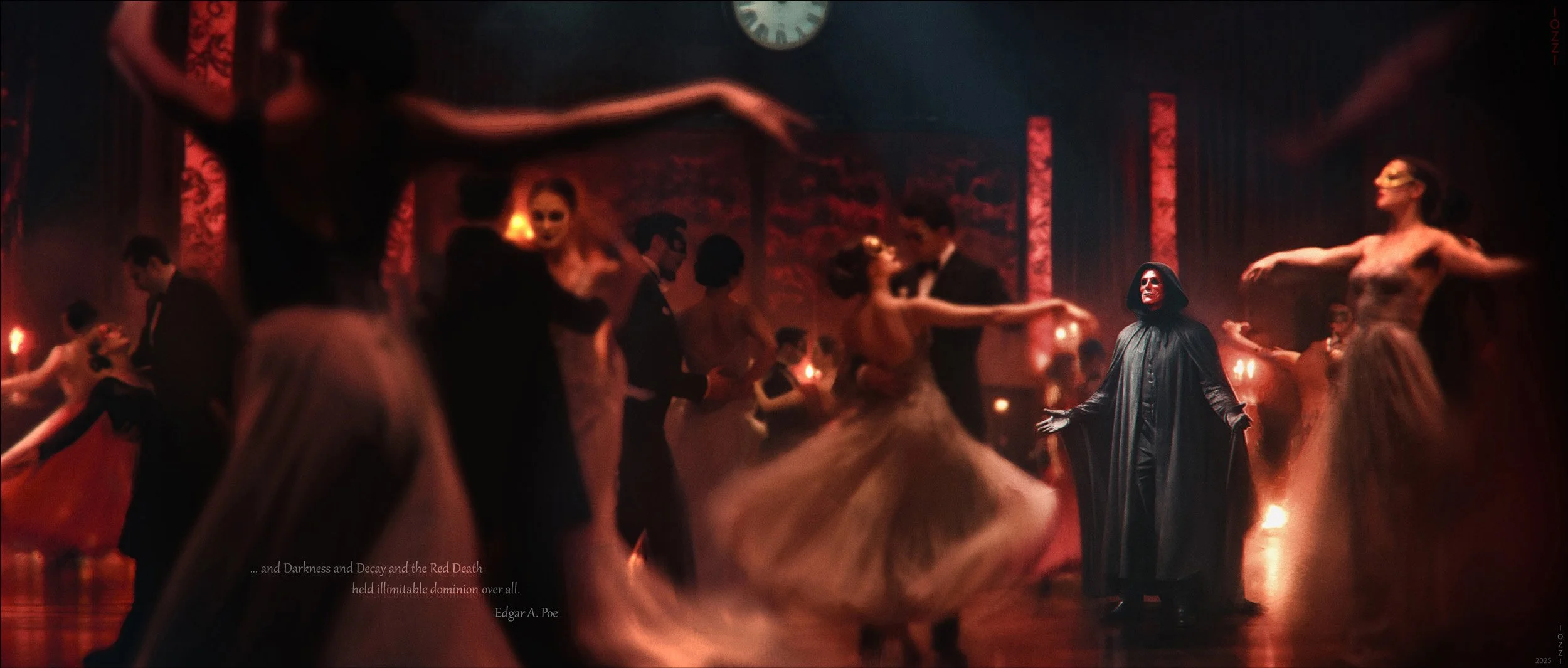 A darkly lit ballroom with dancers in formal attire and a figure in a dark cape and hood standing in the center, with red lighting and a clock on the wall.