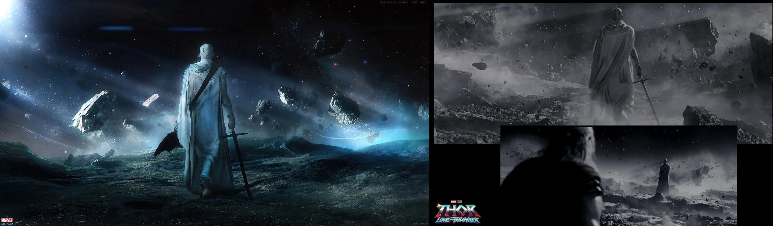 Three scenes from the Marvel movie "Thor: Love and Thunder" showing Thor walking in different stormy, rocky landscapes with a sword in hand, set in space and on a desolate planet.