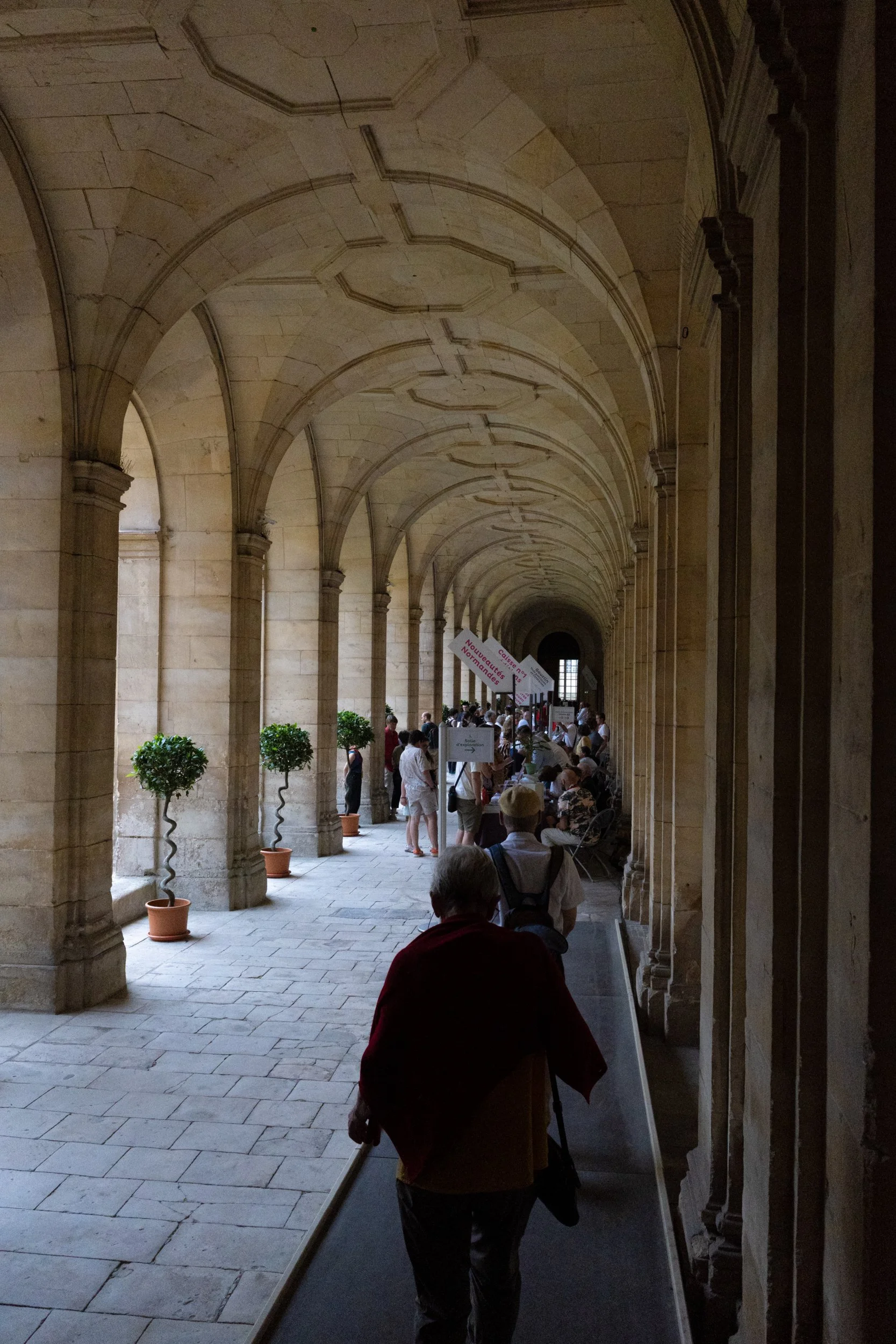 A long corridor with high arched ceiling made of stone, with potted plants along the sides. People are gathered at the end of the corridor, some seated and some standing, near informational signs.