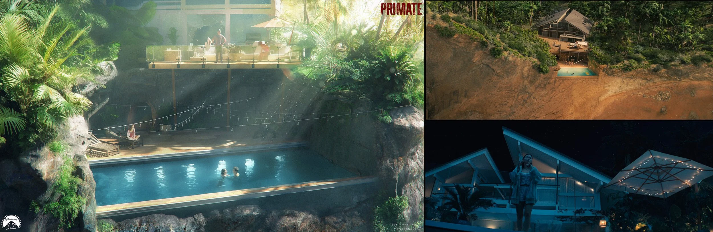 Collage of four aerial photos of a modern house with a pool, situated in lush green tropical surroundings. The top left image shows a pool with people and a glass-walled lounge on a rocky cliff. The top right image shows a house and a rectangular poo