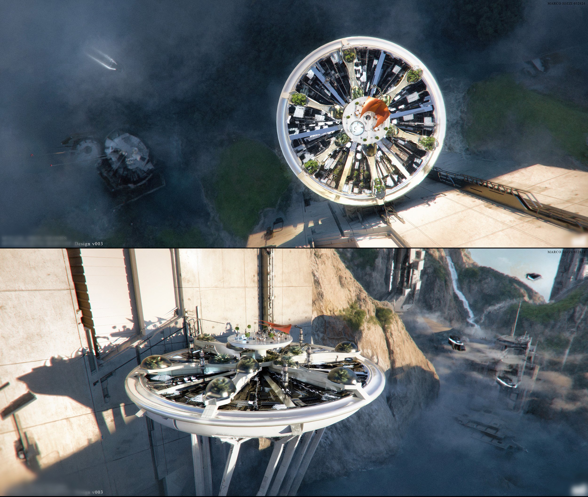 A futuristic, circular building with a reflective, metallic roof featuring green planters and outdoor seating, situated on a cliff overlooking a valley with waterfalls and winding roads. The building's design is modern and innovative, mimicking a fly