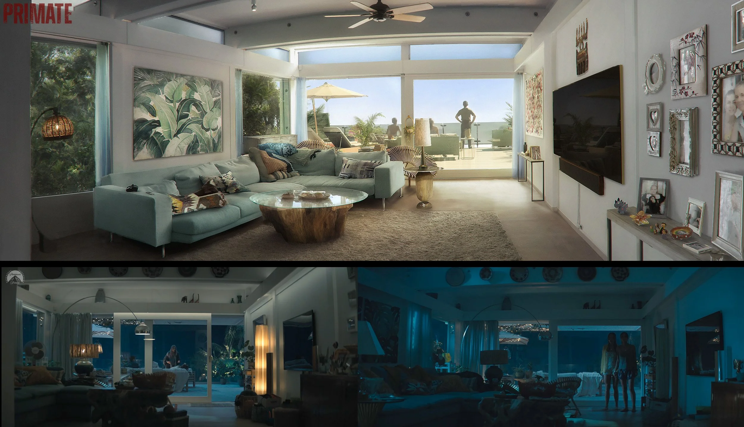 A cozy, modern living room with large windows showing an outdoor patio with a view of the ocean. The room features a mint green sectional sofa, patterned pillows, a glass topped wooden coffee table, and wall art with tropical leaf prints. Sunlight st
