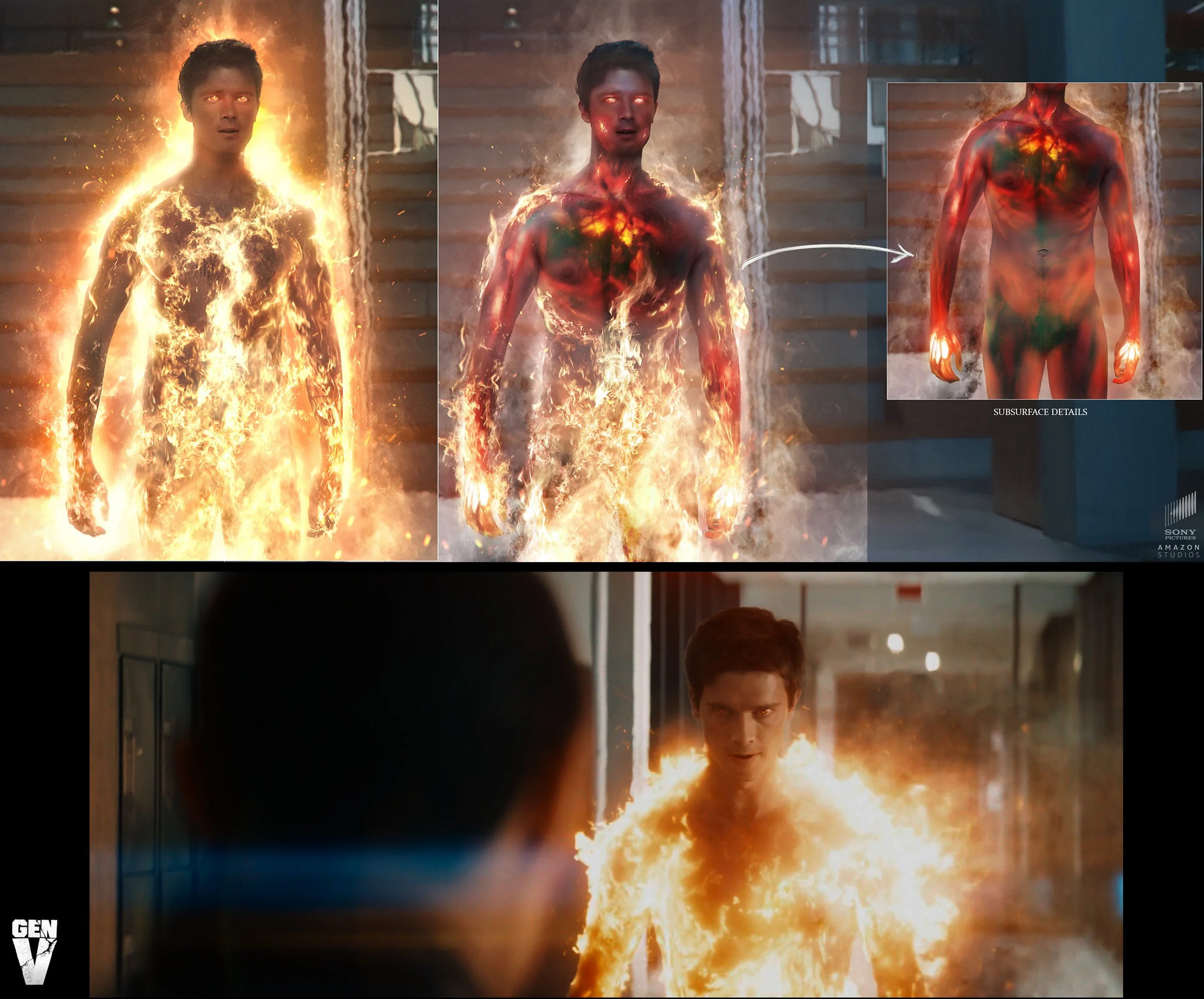 A character with glowing eyes and body engulfed in flames, including detailed subsurface visuals, as seen in a scene from a movie involving fire effects.
