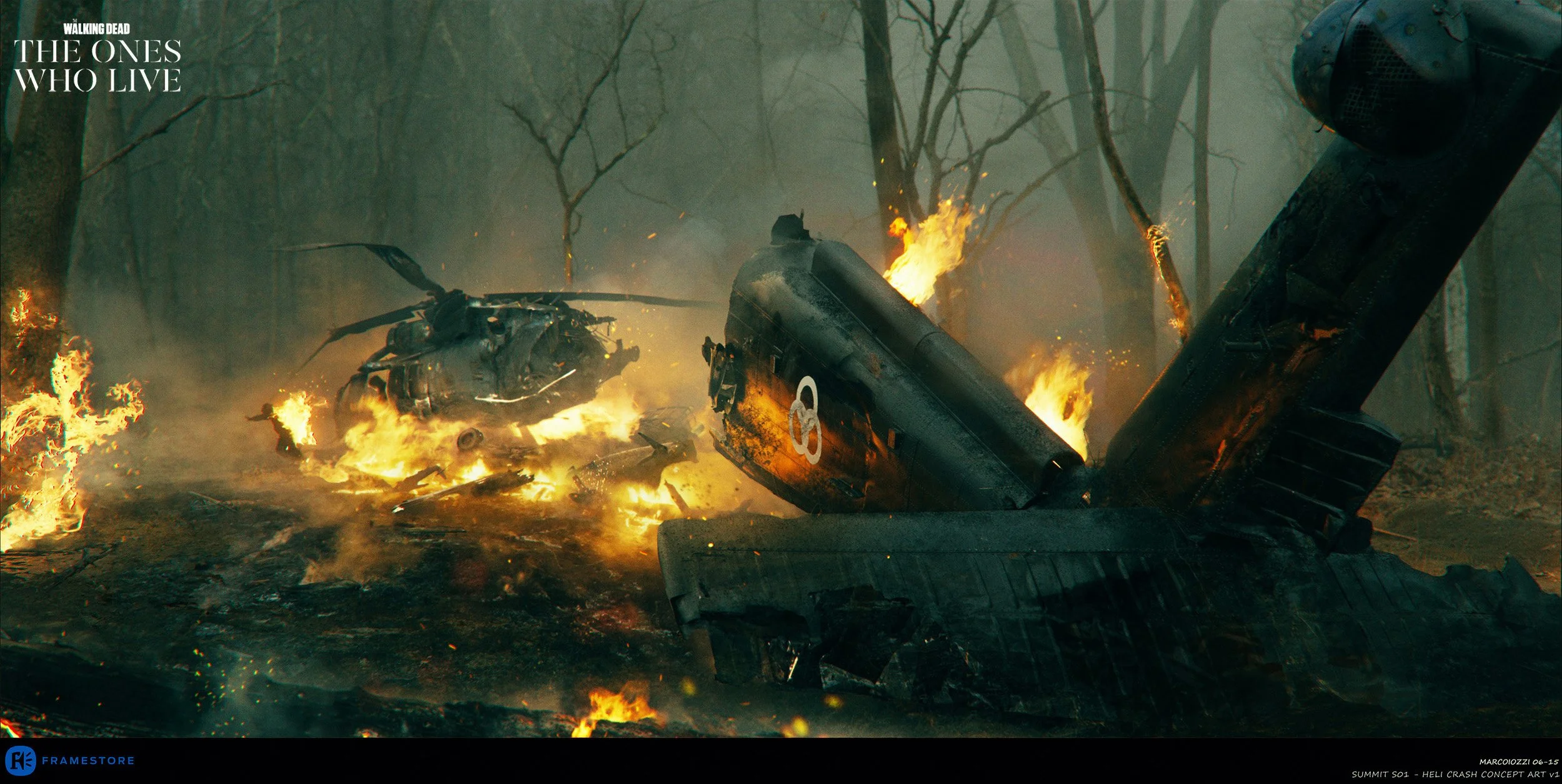 A helicopter crashes and explodes in a forested area with fire and smoke.  AMC Walking Dead concept art