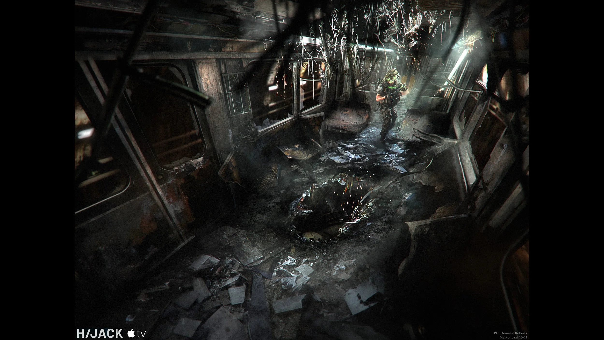 Inside a burned and damaged bus with a firefighter walking through the aftermath of a fire, with soot, debris, and charred seats visible.