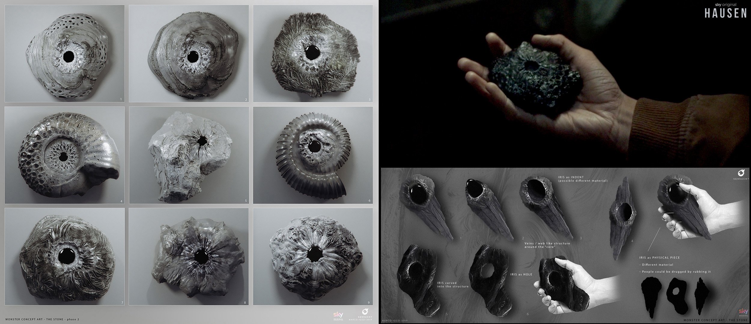 A collage of images showing various stone sculptures with intricate patterns and textures, some resembling fossils or organic forms, with one image of a person holding a small, dark, textured rock. The images are part of a monster concept art series 