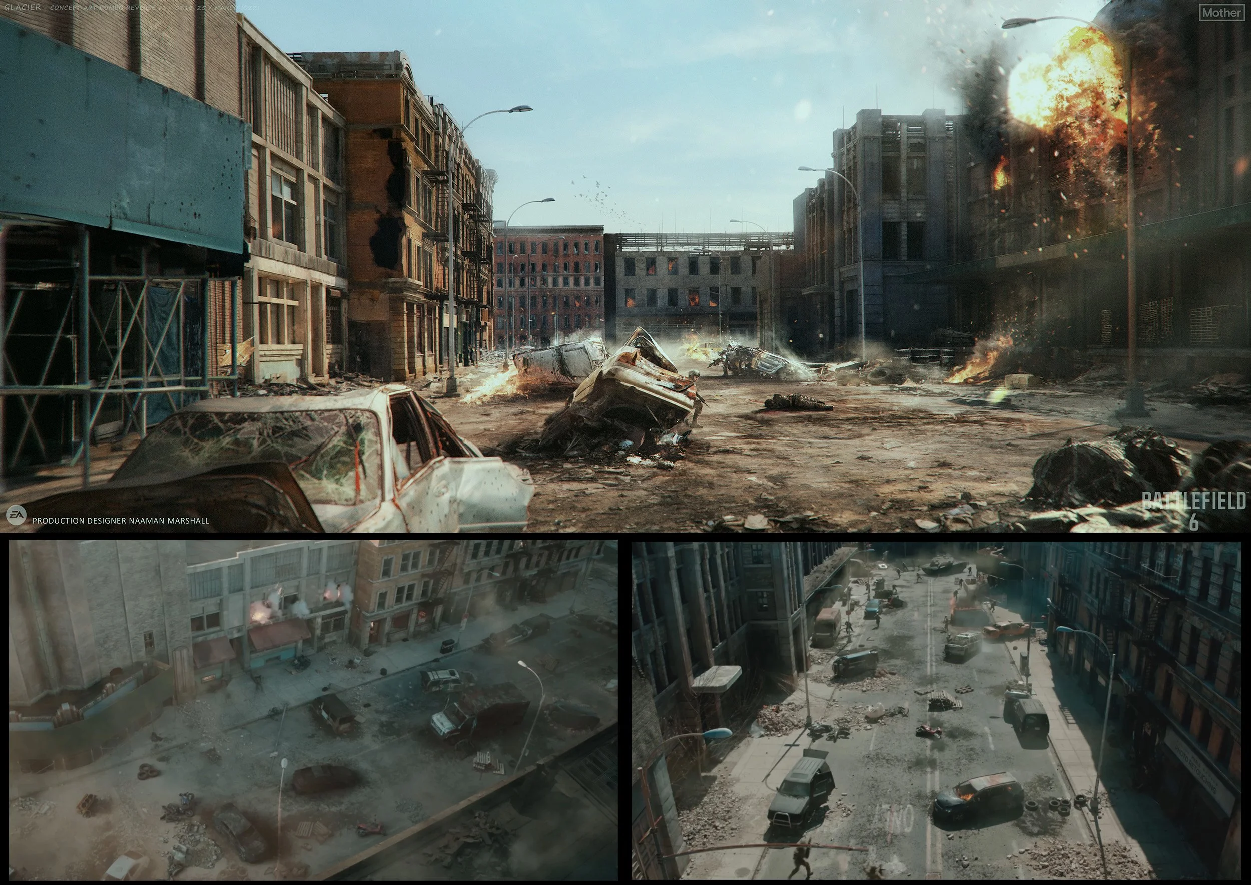 Scenes of destruction in an urban setting from a video game, showing burning and damaged buildings, destroyed cars, and rubble on the streets. Battlefield 6 concept art
